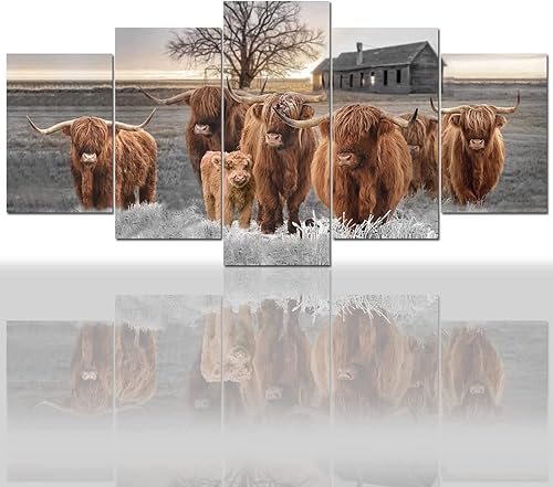 5 piezas de arte de pared en lienzo de animales de las tierras altas en tierra de campo HD pintura para sala de estar, oficina en casa, decoración