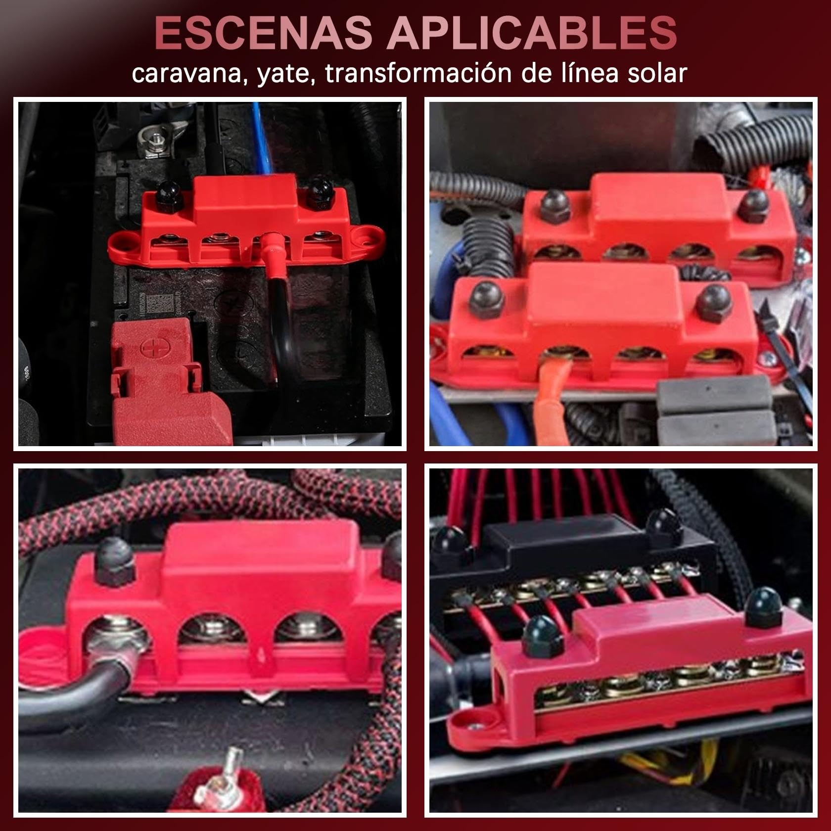 Pindex Bloque Colector M8 250 A CC 12 V-48 V Con 4 Pernos de Terminales M8, Bloque de Distribución de Corriente M8, Barra Colectora de 12 V para Autocaravanas Barcos Yates Coche RV Camión