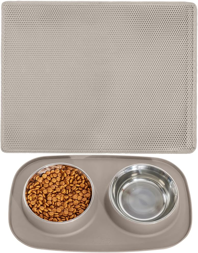 Gorilla Grip Honeycomb Cat Litter Mat and BPA Free Cat and Dog Bowls Silicone Feeding Mat, Mat Size 30x24, Water Resistant, Bowl 1 Cup, Waterproof, Both Color Beige, 2 Item Bundle