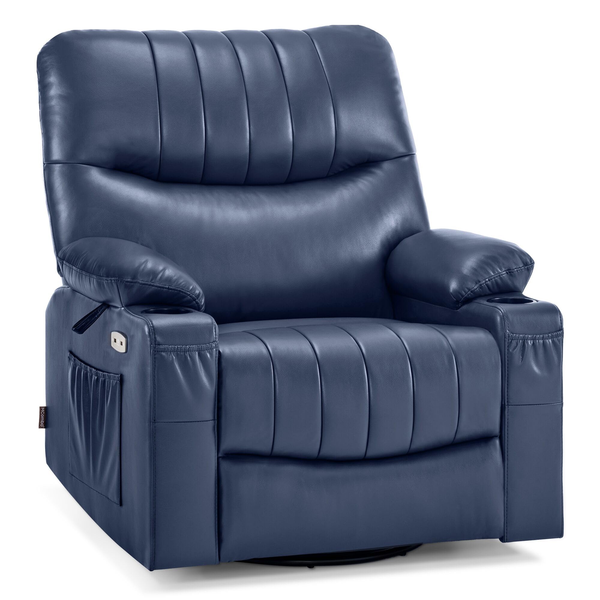 MCombo Power Swivel Glider Rocker Recliner Chair for Living Room with Vibration and Heat, USB Ports, Cup Holders and Pockets, Faux Leather 7785 (Navy Blue)