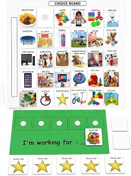 Visual Token Board System Positive Behavior Reward Chart with Choice Board, 30 Reinforcer Cards & 5 Star Tokens for Home, School, ABA & Therapy and on the Go. Green -Real Photos