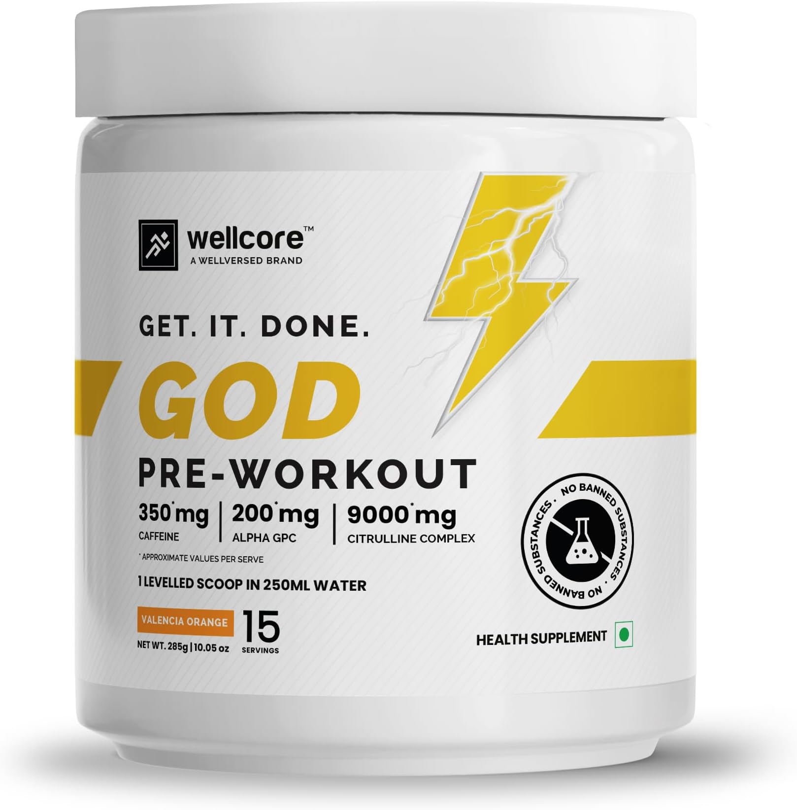 Wellcore - God Mode Pre Workout Supplement (285g Powder, 15 Servings) | Valencia Orange | Only For Serious Lifters | Pre Workout For Men And Women With Caffeine & Creatine