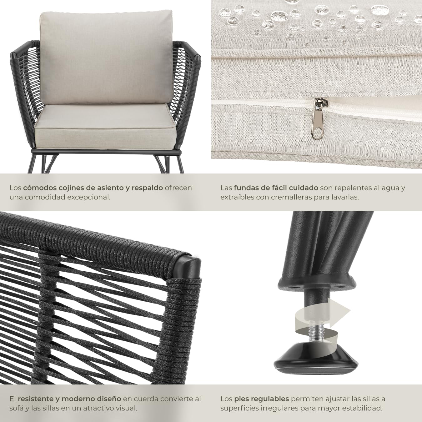 tectake® Sillas de Jardin Exterior de Ratán, Sillones de Jardin, Cojines, Sillas Exterior Resistente a la Intemperie, Sillones para Terrazas, Muebles de Jardín, Butacas de jardín - 4 Sillas