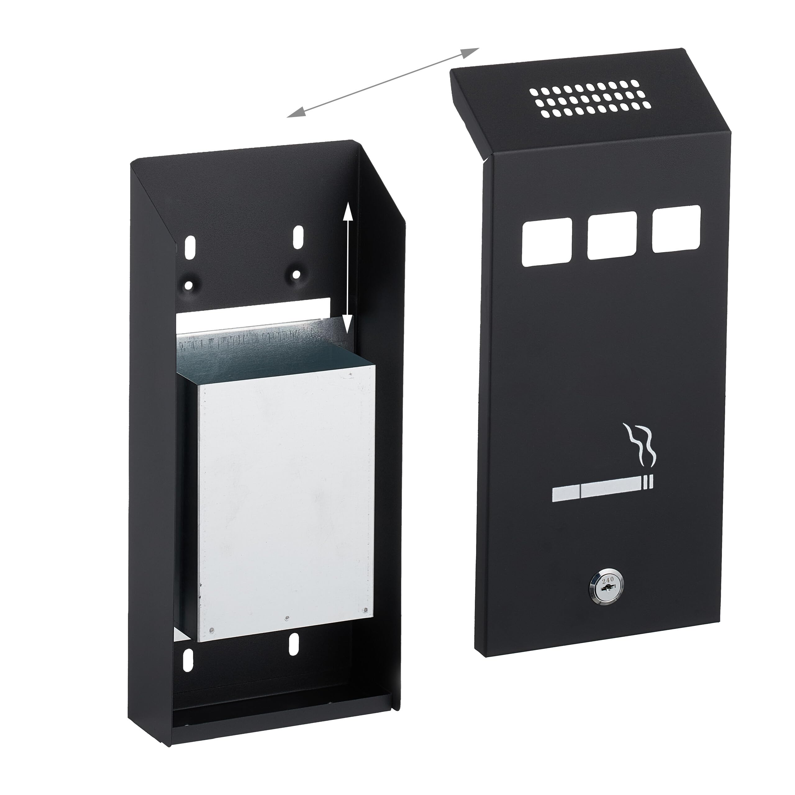 Relaxdays Posacenere da Muro per Esterno, Ceneriera con Chiave, Contenitore Interno Rimovibile, 32,5 x 15 x 6 cm, Nero