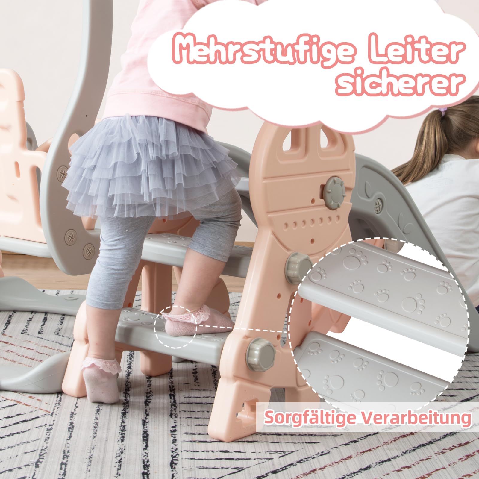 Parco giochi per bambini 4 in 1 con scivolo e altalena, gioco da interno ed esterno con cestino da basket e scala, gioco per bambini in plastica, centro giochi per neonati da giardino (rosa, A)