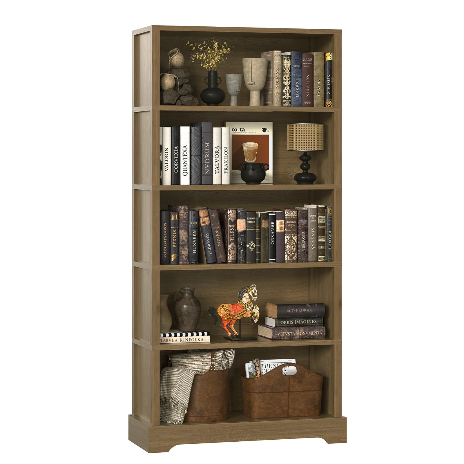 TVU 5 Tiers Wooden Bookshelf, 65.2" Tall Farmhouse Style Open Bookcase, 31.5" Wide Standing Book Shelf with Storage for Study Room, Living Room, Teak