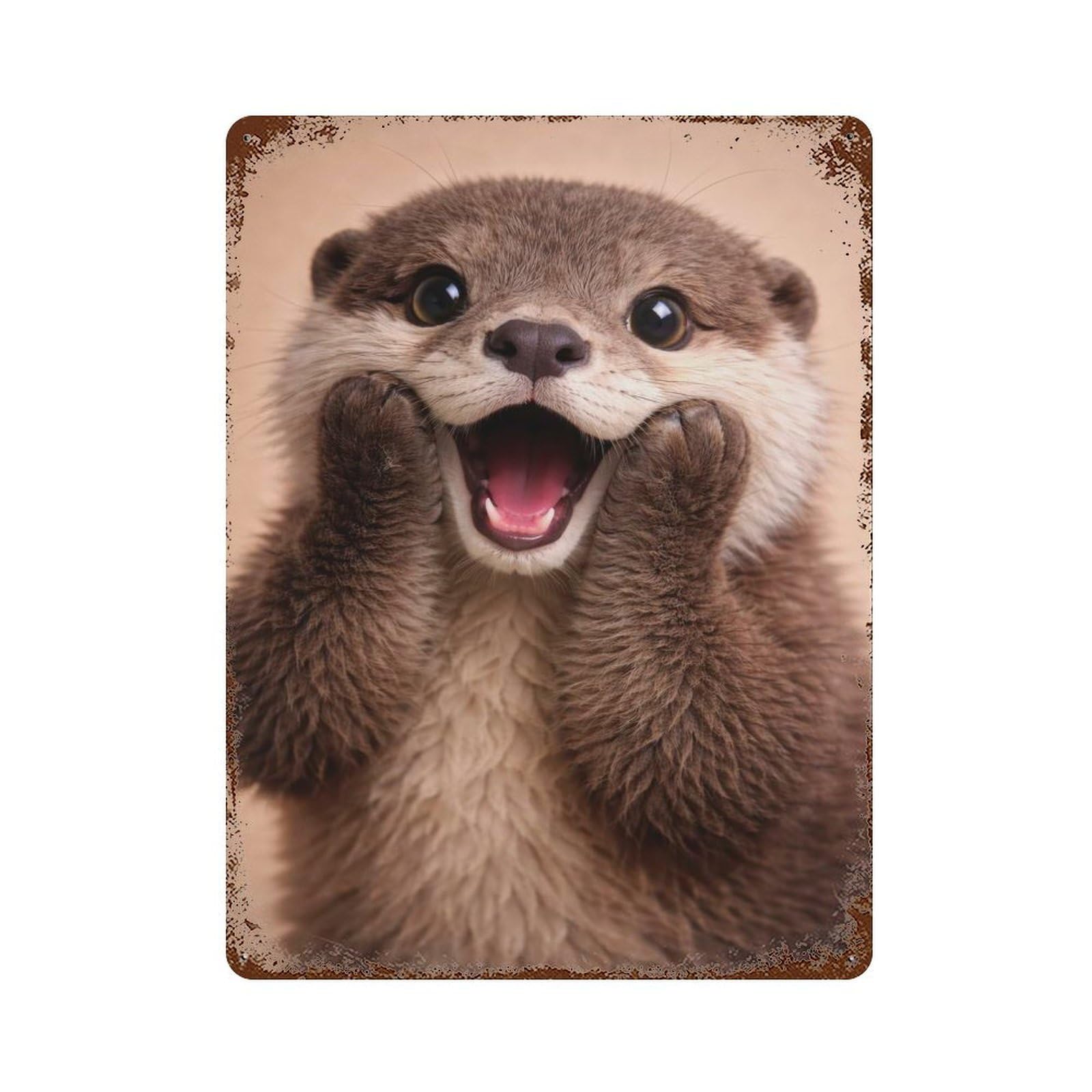 Excited Otter Portrait Aged Metal Wall Plaque 15.7"x11.8", Rustic Home Decor for Garage, Pub Or Kitchen