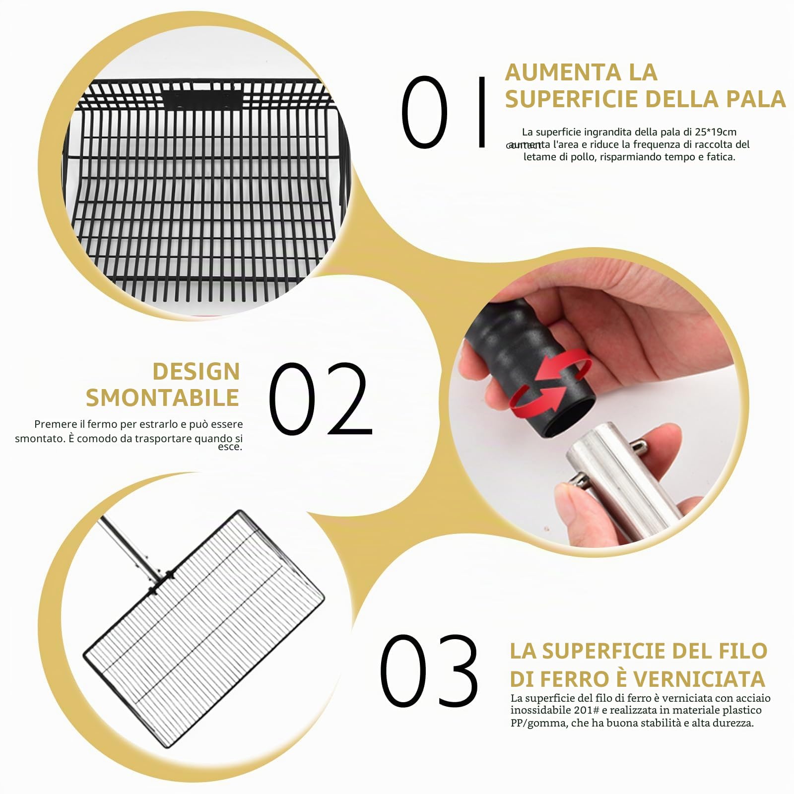38 cm Grande Pala per Letame di Pollo con Manico da 170 cm, Accessorio Regolabile per Pollaio 98-178 cm, Pala Setacciante Regolabile, Strumento di Pulizia per Polli per la Pulizia e il Filtraggio nel