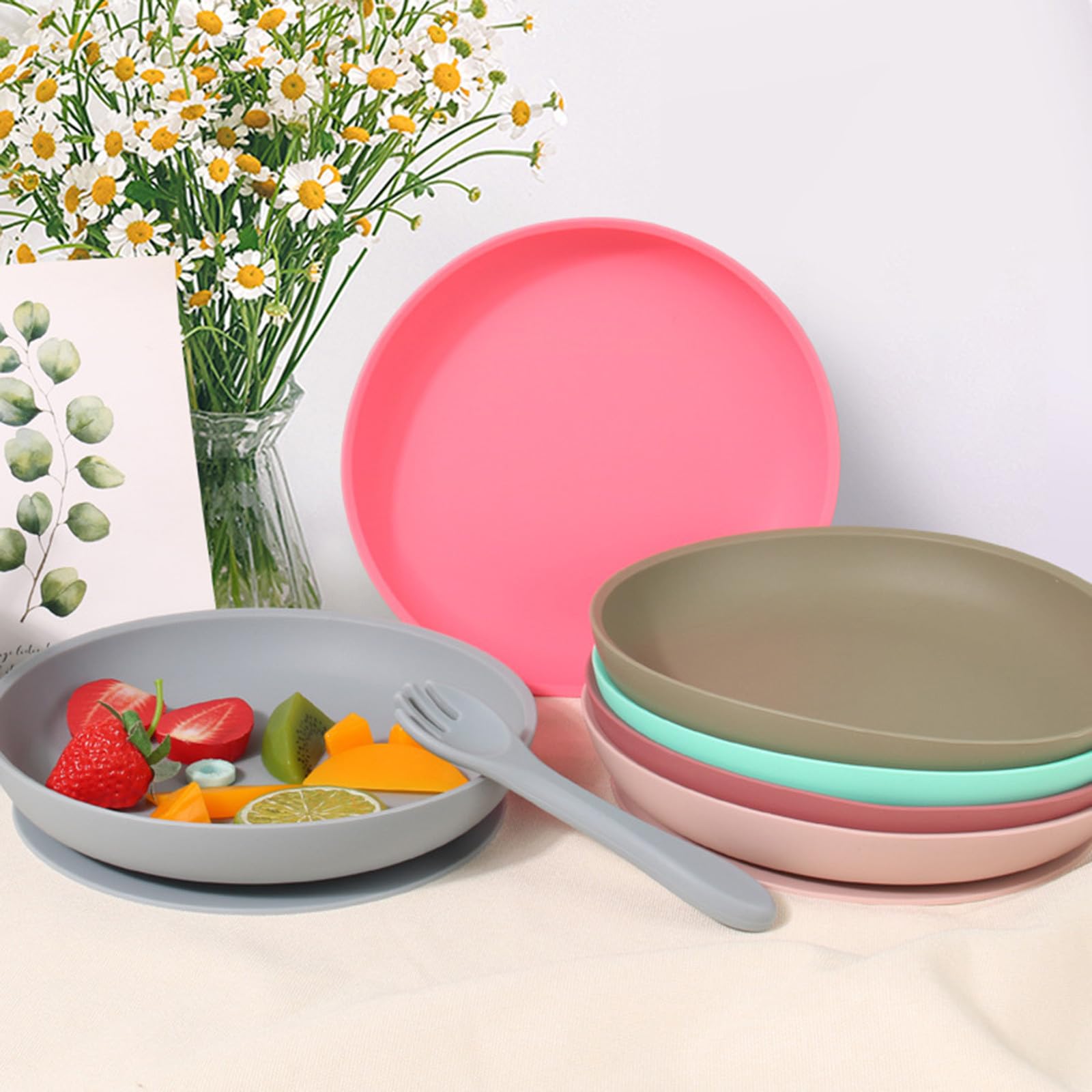 Plato de silicona antideslizante para ancianos, diseño de ventosa adaptable, vajilla antiderrames fácil de limpiar para comer de forma independiente, juego de 5 piezas