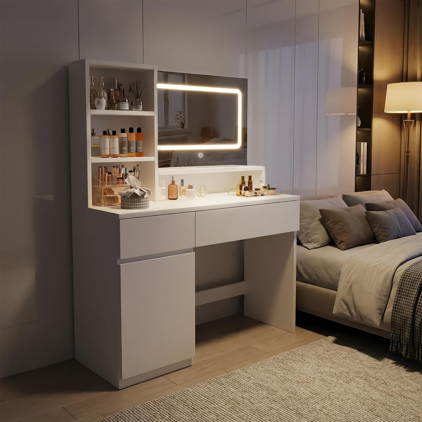 JUMMICO Coiffeuse avec Grand Miroir LED et Espace de Rangement Abondant, Table de Maquillage Moderne avec 2 Tiroirs, 1 Armoire Latérale et 4 Compartiments (Blanc)