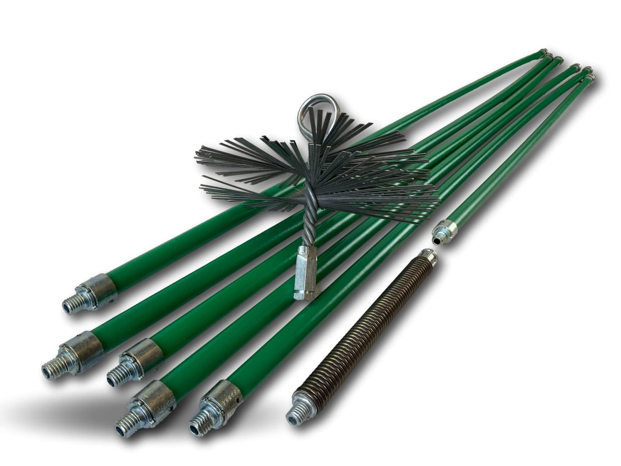 Kit Profesional de Limpieza para conductos no revestidos | Cepillo de Acero | Ø 150 mm | 8 m con 6 Varillas Verdes autobloqueantes Ø 18 mm Huecas | Resorte de Inicio | Chimeneas | Kibros 5KIT15ACO