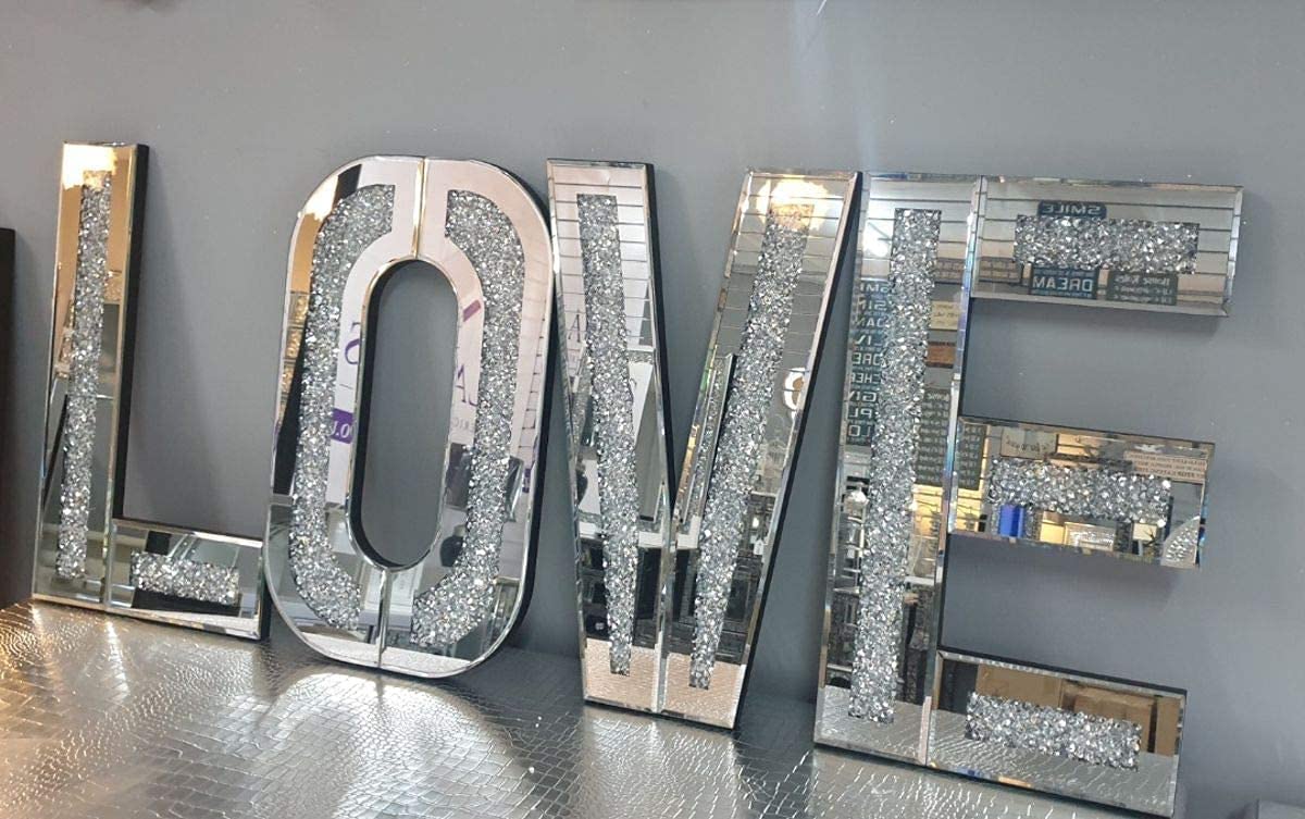 DEENZ Mirrored Diamond Love Letters Crushed Crystal Mirror Diamond Wall Art Large 50x30cm