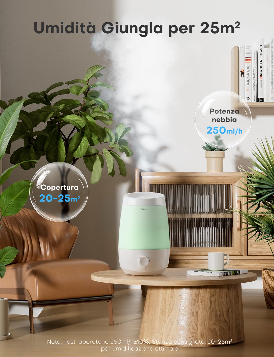 AROEVE Umidificatore Ambiente, 2,5L Umidificatore, 250 ml/h, 25H Diffusore di Oli Essenziali, Spegnimento Automatico, 25 dB Silenzioso per Neonati e Piante, Bianco