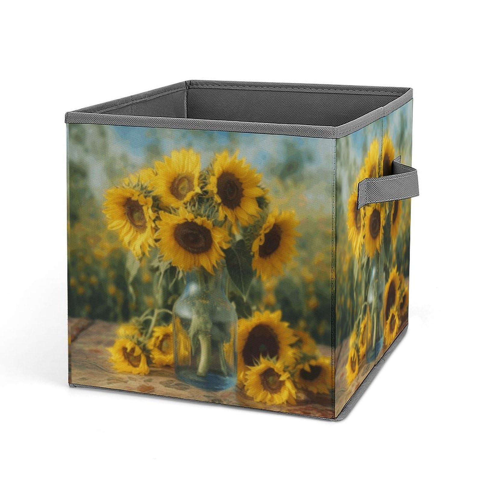 BTCOWZRV Bottle of Sunflowers Cube Storage Bins - 11 Inch Heavy Duty Fabric Closet Bins for Shelves, Cube Organizer - Collapsible Storage Boxes with Handle Decorative Clothing Storage Baskets
