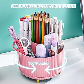 Cayxenful Desk Organiser, 5 Slots 360°Degree Rotating Pen Holder for Desk,Desktop Storage Tidy Organisers, Cute Pen Cup Pot For Office, School, Home (Pink)