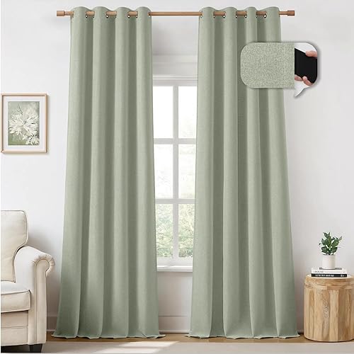 HOMEIDEAS Cortinas opacas 100% de lino verde salvia para dormitorio, 52 x 84 pulgadas de largo, 2 paneles de lino sintético, aislamiento térmico,