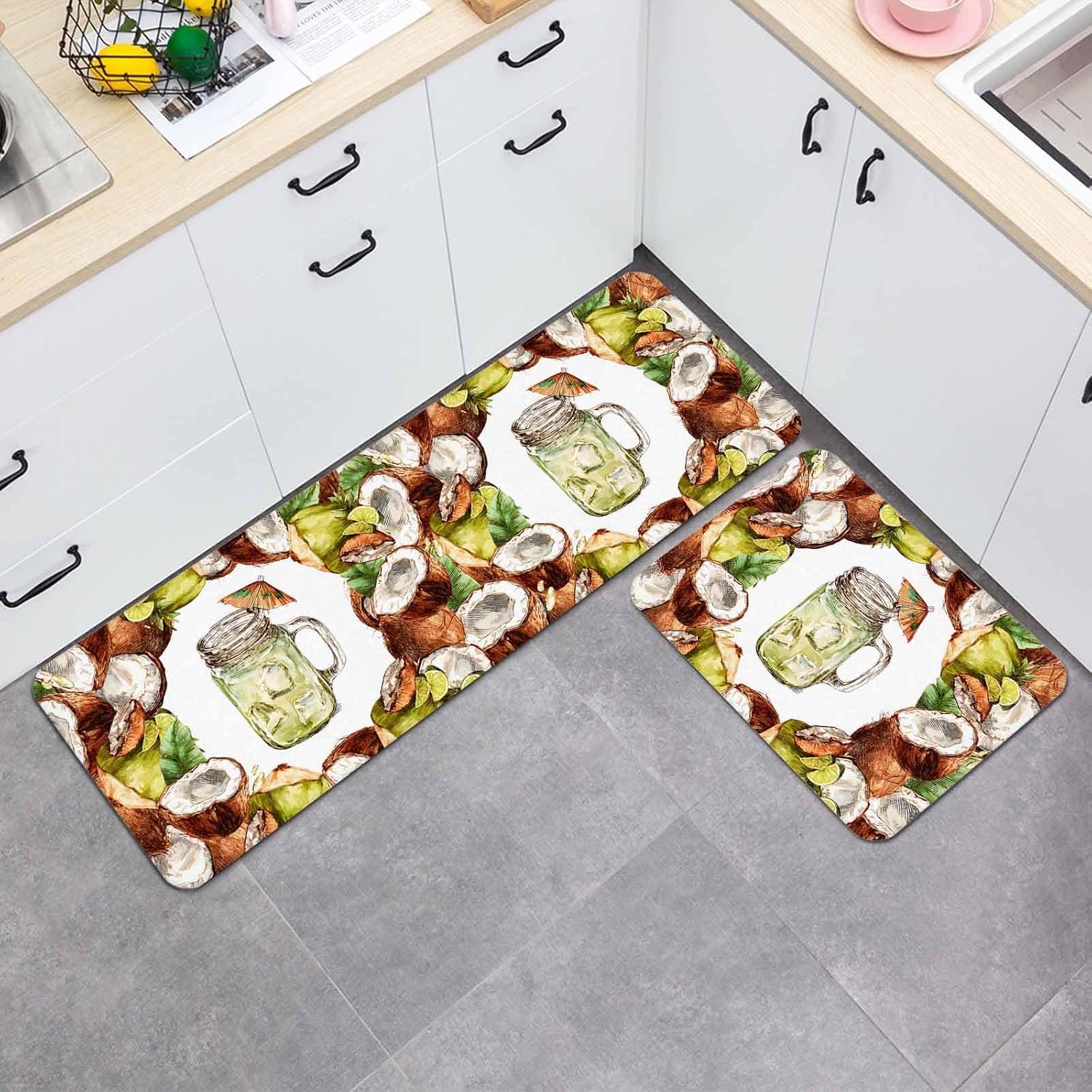 Prime Leader Summer Kitchen Mat Set 2 Pieces Beach Green Cold Drinks Coconut Cocktail Lemon Coastal Non Slip Kitchen Rugs Washable Runner Rug Mats for Sink Laundry (23.6" x 35.4"+23.6" x 70.9")
