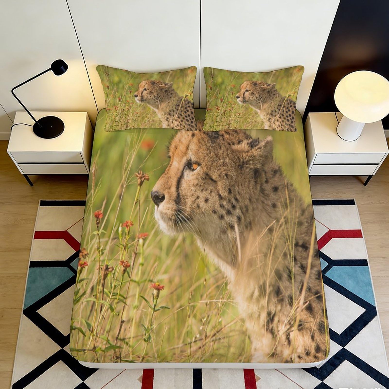 3D Printed Cheetah Pattern Fitted Sheet Microfiber Soft Breathable Wildlife Bed Cover for Bedroom Dormitory Guest Room Mattress Protection Decor 200x200x25cm