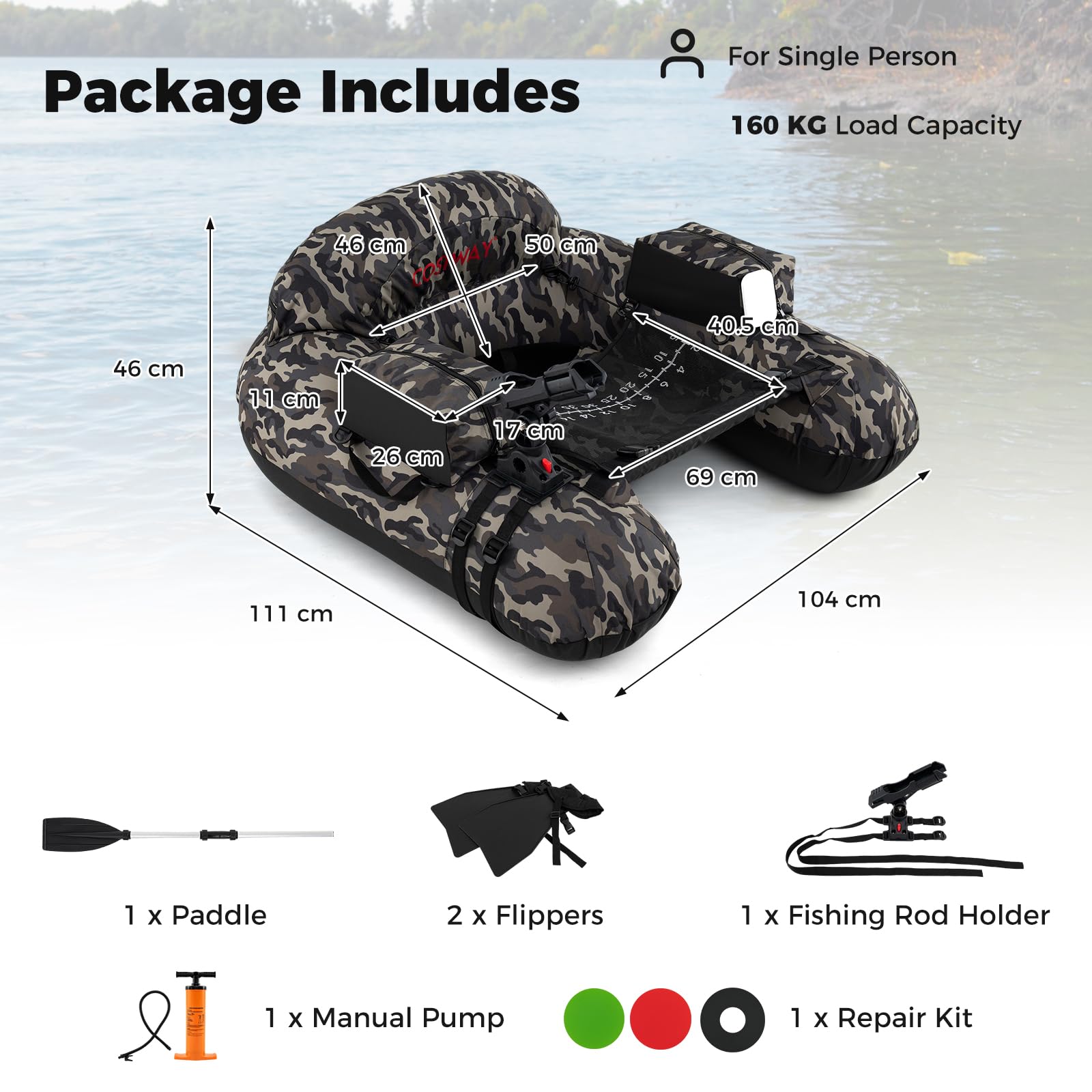 GOPLUS Bote de Pesca Inflable, Barco de Pesca Hinchable con Remo de Aluminio, Aletas, Bomba de Aire, Soporte de Caña de Pescar Ajustable, Bolsillos de Almacenamiento, Portátil