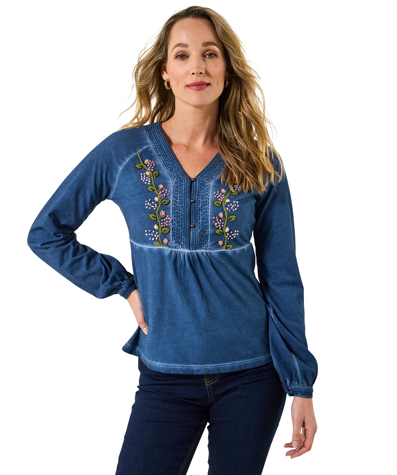 Joe Browns Women's Remarkable Printed Patchwork Henley Top, Regular, Blue, UK 10