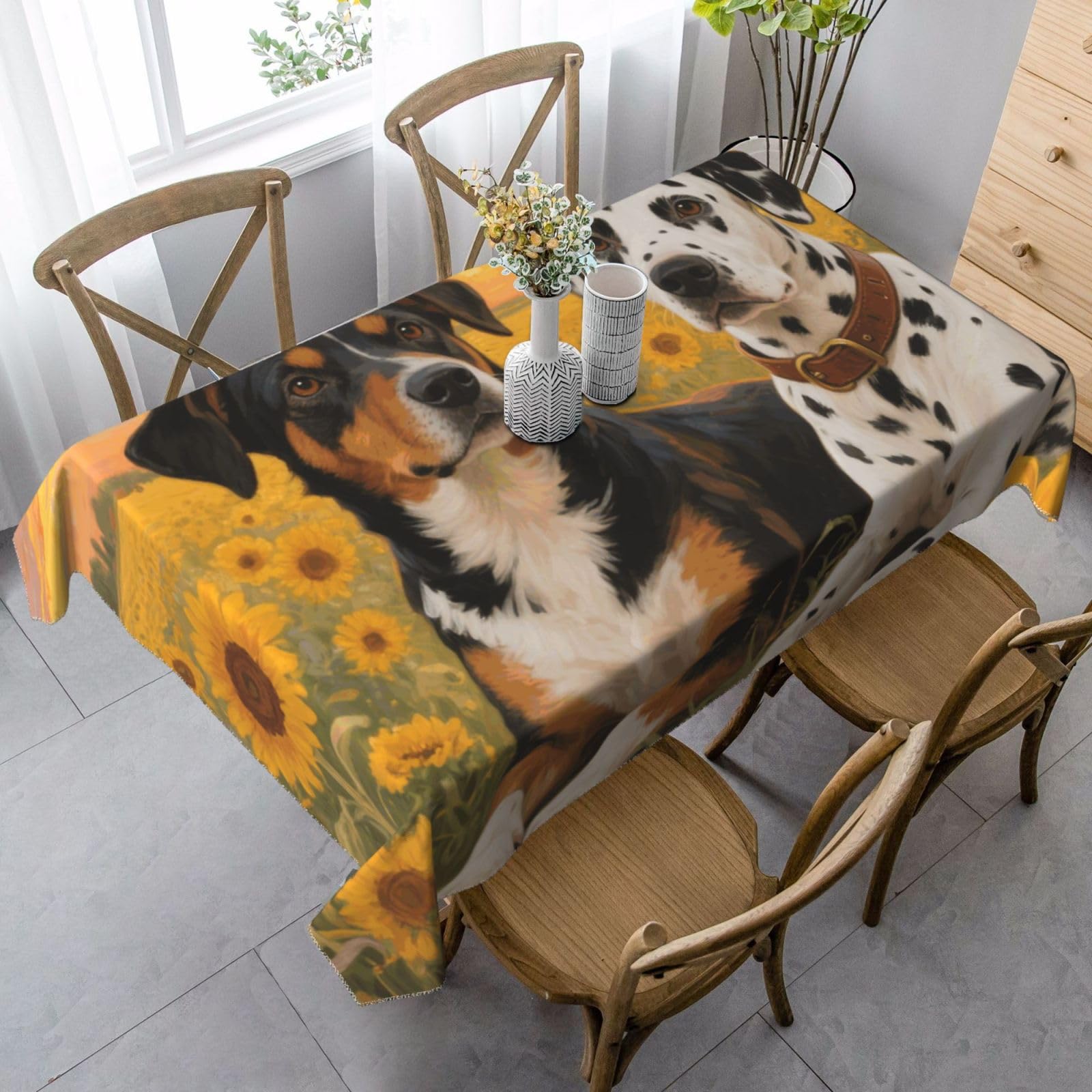 Dog Paint And Sunset Rectangle Tablecloth 35x55 Inch, Washable Reusable Farmhouse Table Cloths Wrinkle Free And Spillproof Kitchen Dinning Table Cover For Party Wedding Picnic Home Decor Tablecloths