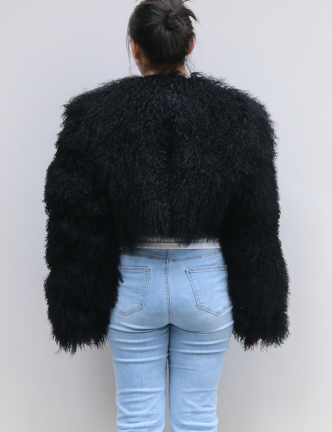 Women's Genuine Mongolian Fur Coat Fluffy Cropped Jacket Shaggy Outwear Long Sleeve Warm Winter