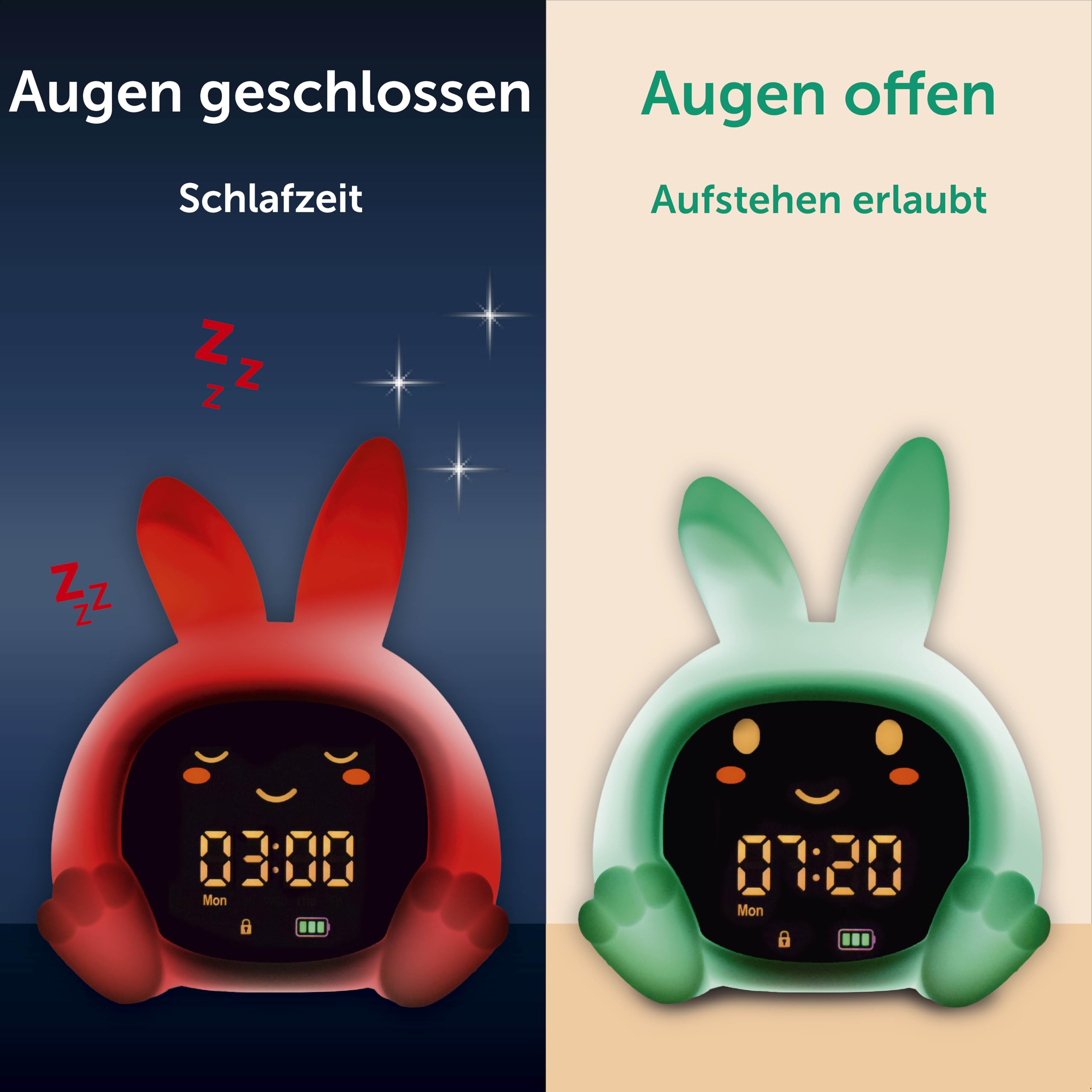 ZAZU Sarah Sleeptrainer für Kinder – Nachtlicht (5 Farben), Soundmaschine, Wecker mit 6 Sounds, Augen öffnen/schließen, wiederaufladbar inkl. USB