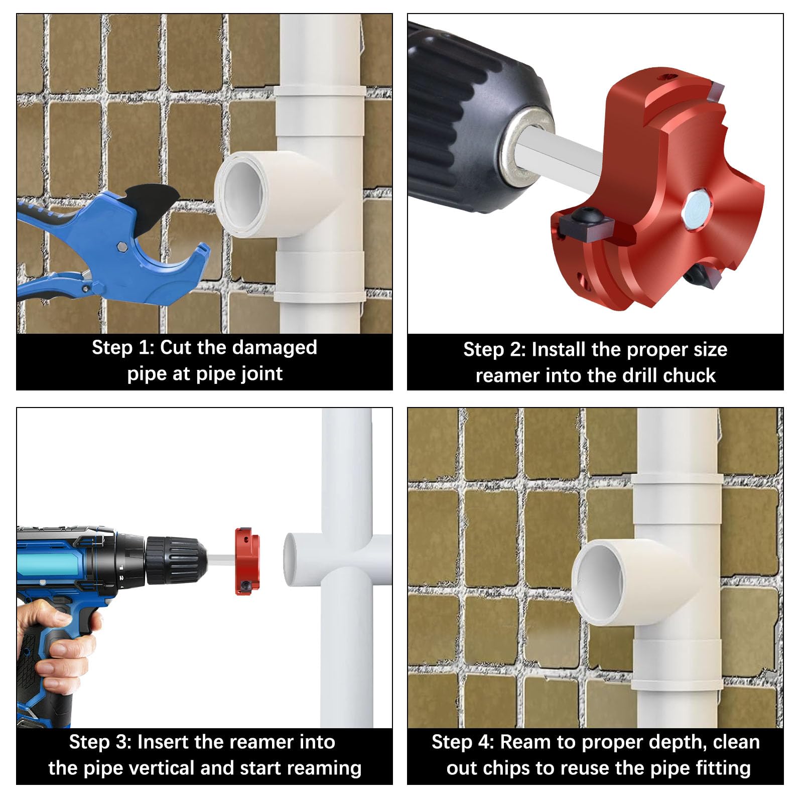 Escariador de tubería de PVC de triple hoja de 1-1/2 pulgadas y 2 pulgadas, protector de enchufe de PVC con kit de escariador de montaje de tubería de plástico, herramienta de fontanería para cubo de
