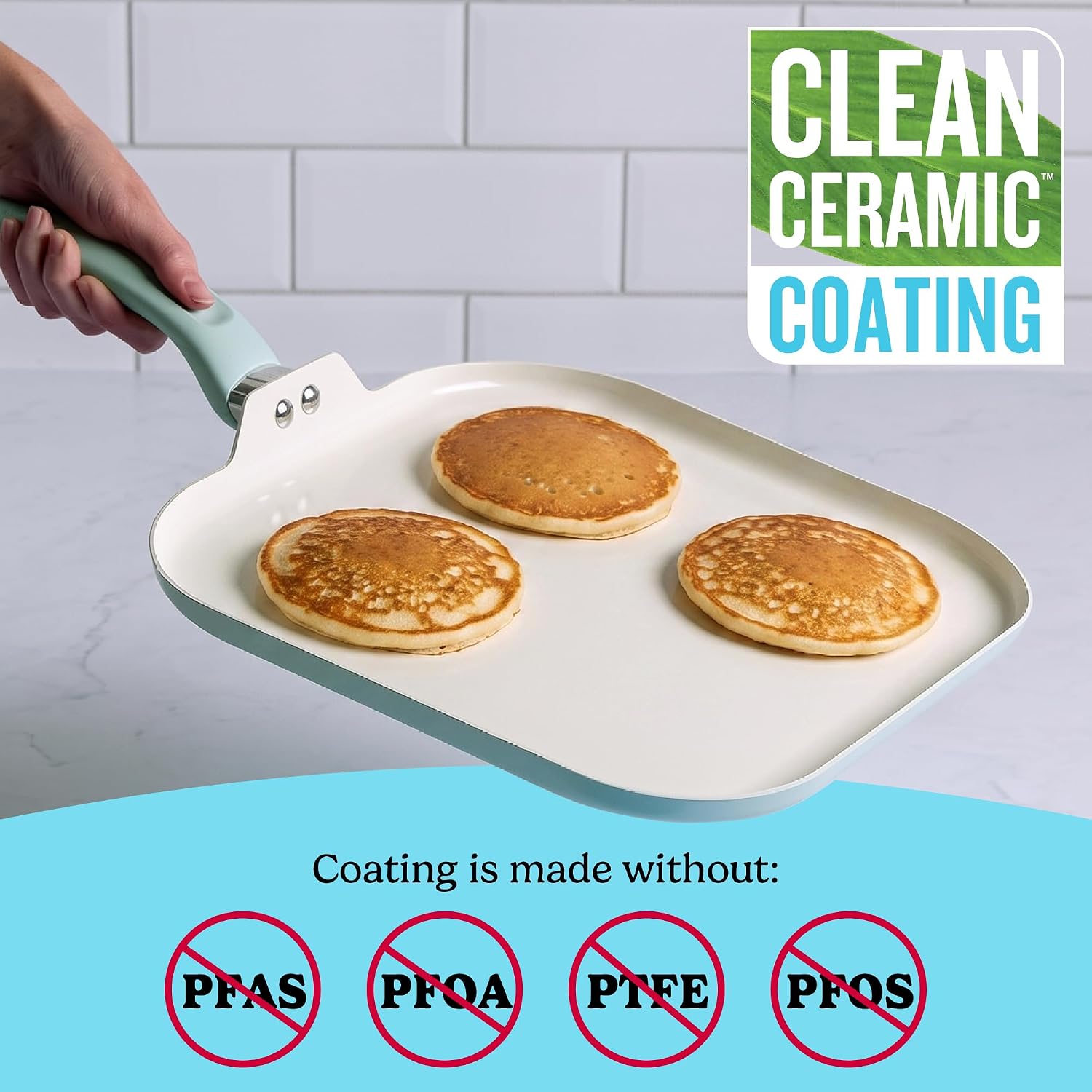 Tasty Ceramic Square Griddle Pan, Healthy Nonstick, Aluminum Cookware, Even Heating, Easy to Clean, Made without PFAS, PFOA, PFOS and PTFE, Dishwasher Safe, 11-Inch, Aqua