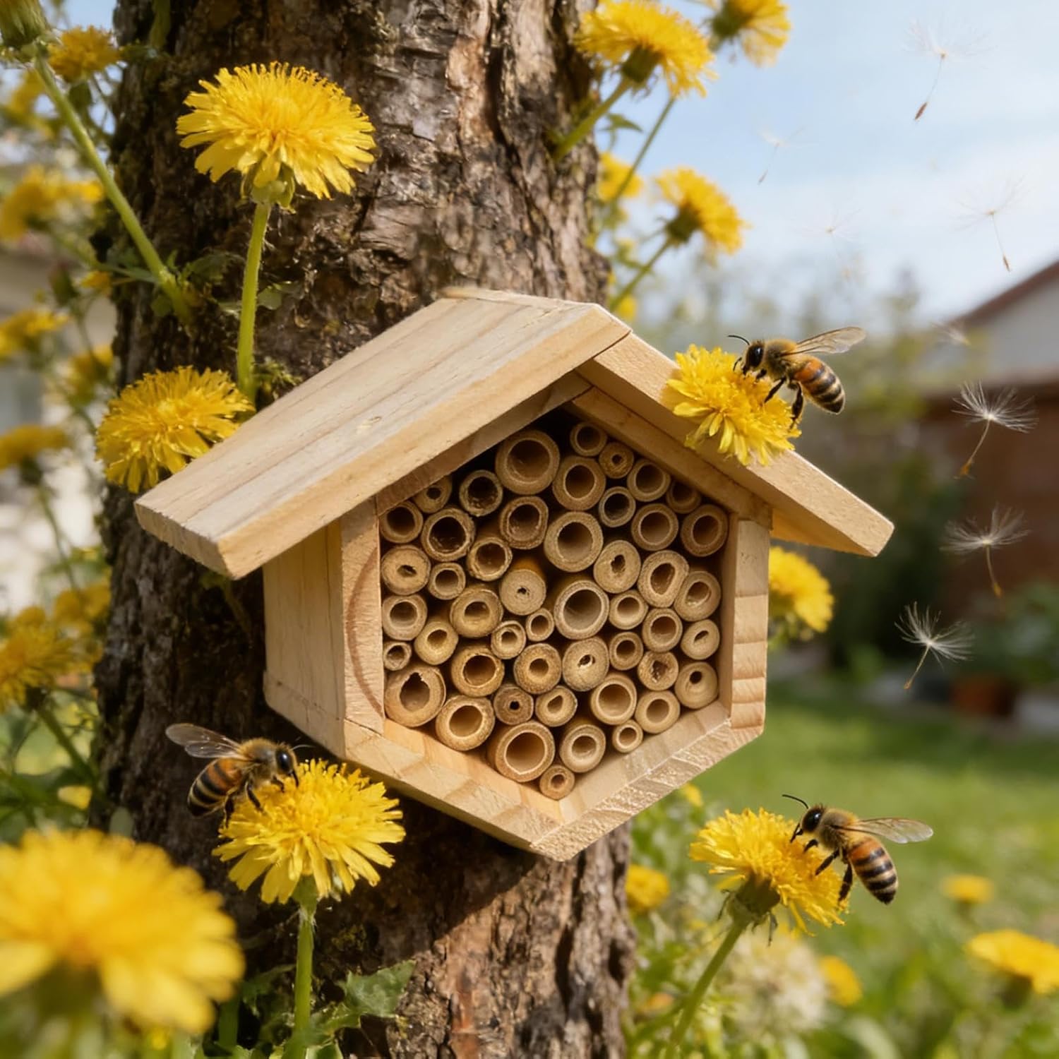 Bee House, Attractive Hexagonal Structure, 18.4x15.2x14.5cm, Hexagonal Wooden Beehive, Natural Bee Hive, Easy to Mount Or Place, for Gardens, Terraces, Balconies, and Outdoor Spaces