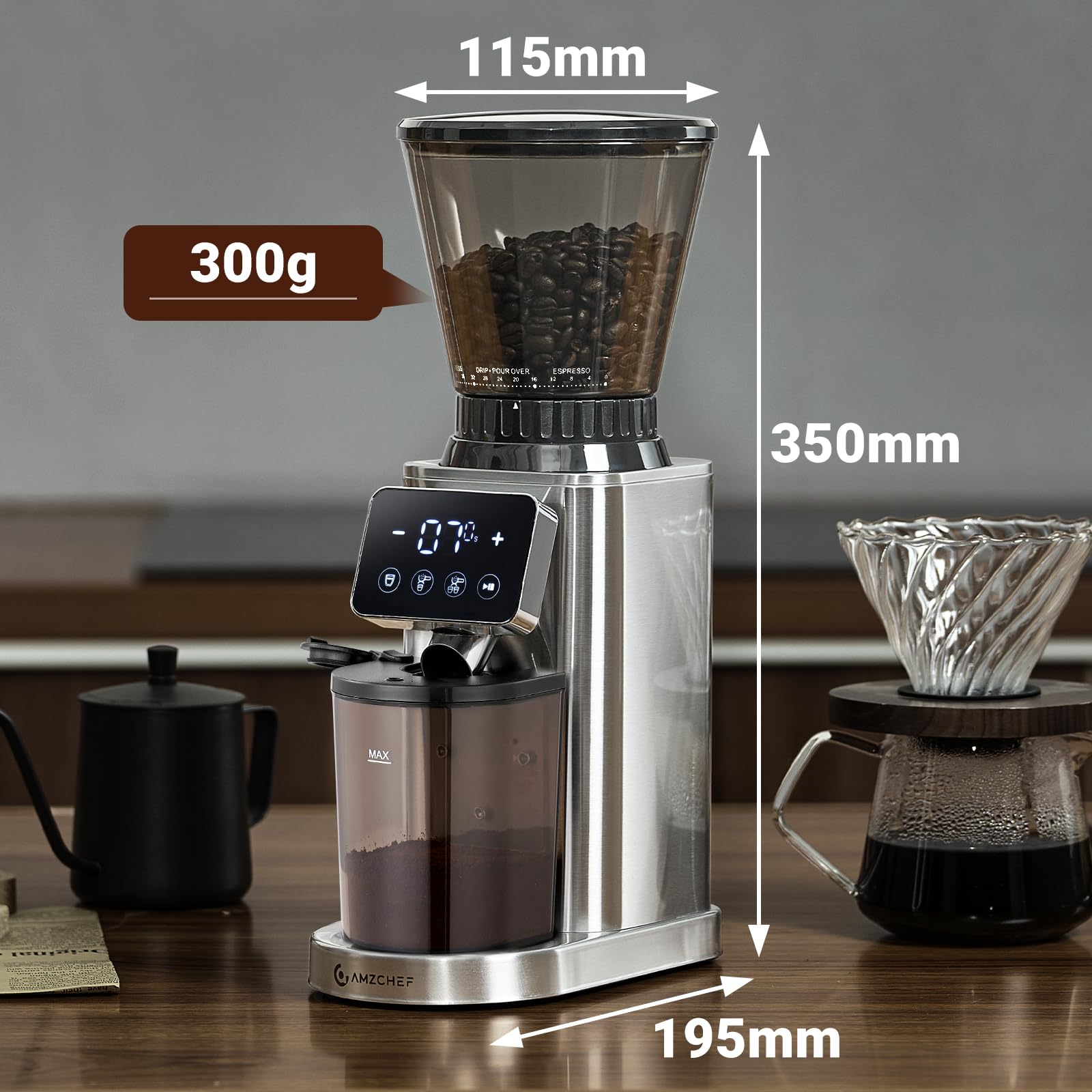 AMZCHEF Kaffeemühle Elektrisch mit 48 Mahlgraden, Antistatik-System, Touchpanel，300g Bohnenbehälter, Edelstahlgehäuse, Kegelmahlwerk für Espresso, Filterkaffee