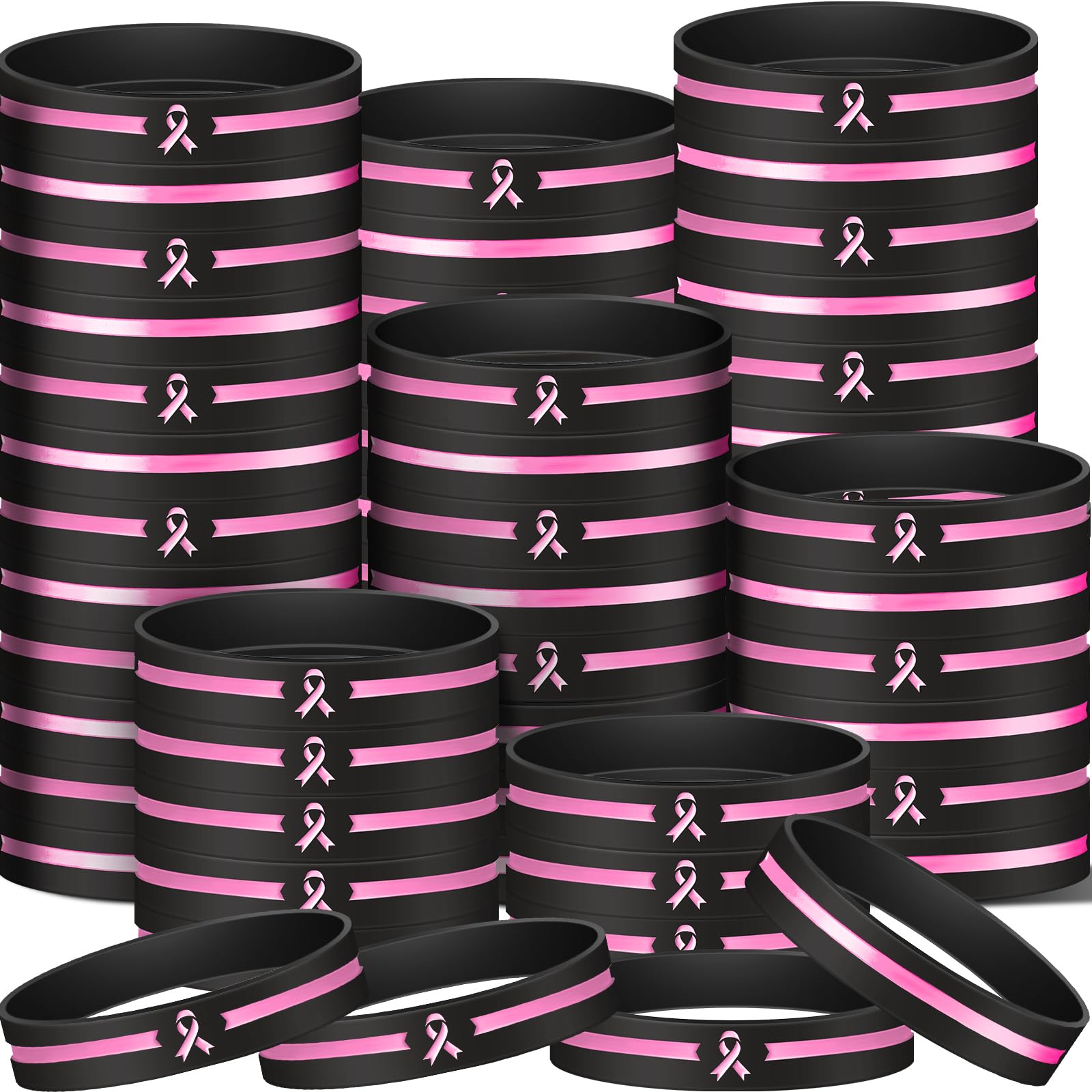 100 Pcs Breast Cancer Awareness Bracelet Pink Ribbon Rubber Wristbands
