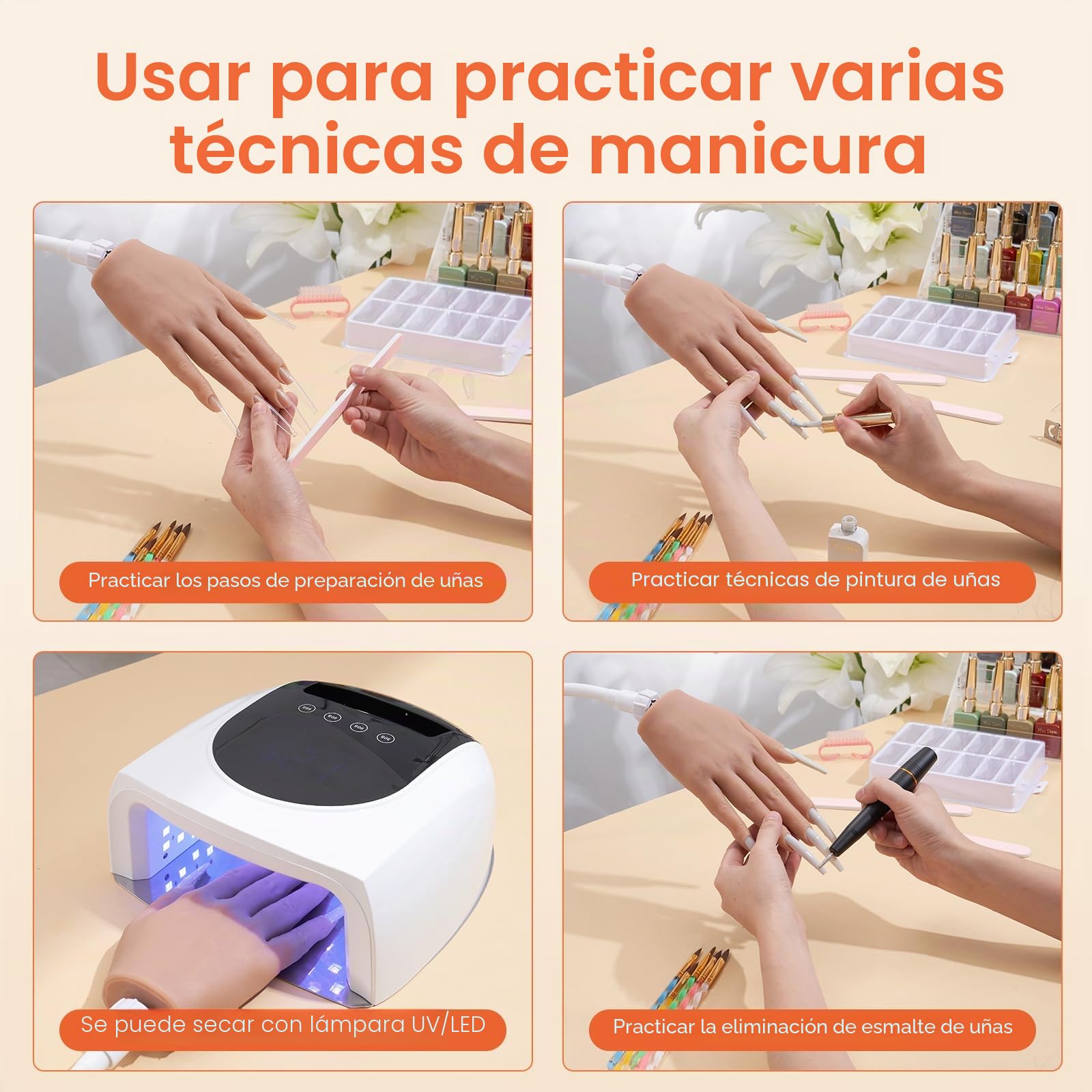 Deciniee Mano para Practicar Uñas: Silicona Mano de Practicas de Uñas Con 240 Puntas De Uñas/5PCS Set de Nail Art Cepillo/Archivo De Uñas – Manicura De Uñas