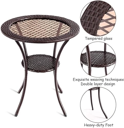 Miniatura 6 de LUARANE - Mesa de centro de mimbre para patio al aire libre, parte superior redonda de vidrio templado de 25 pulgadas con estante inferior, muebles