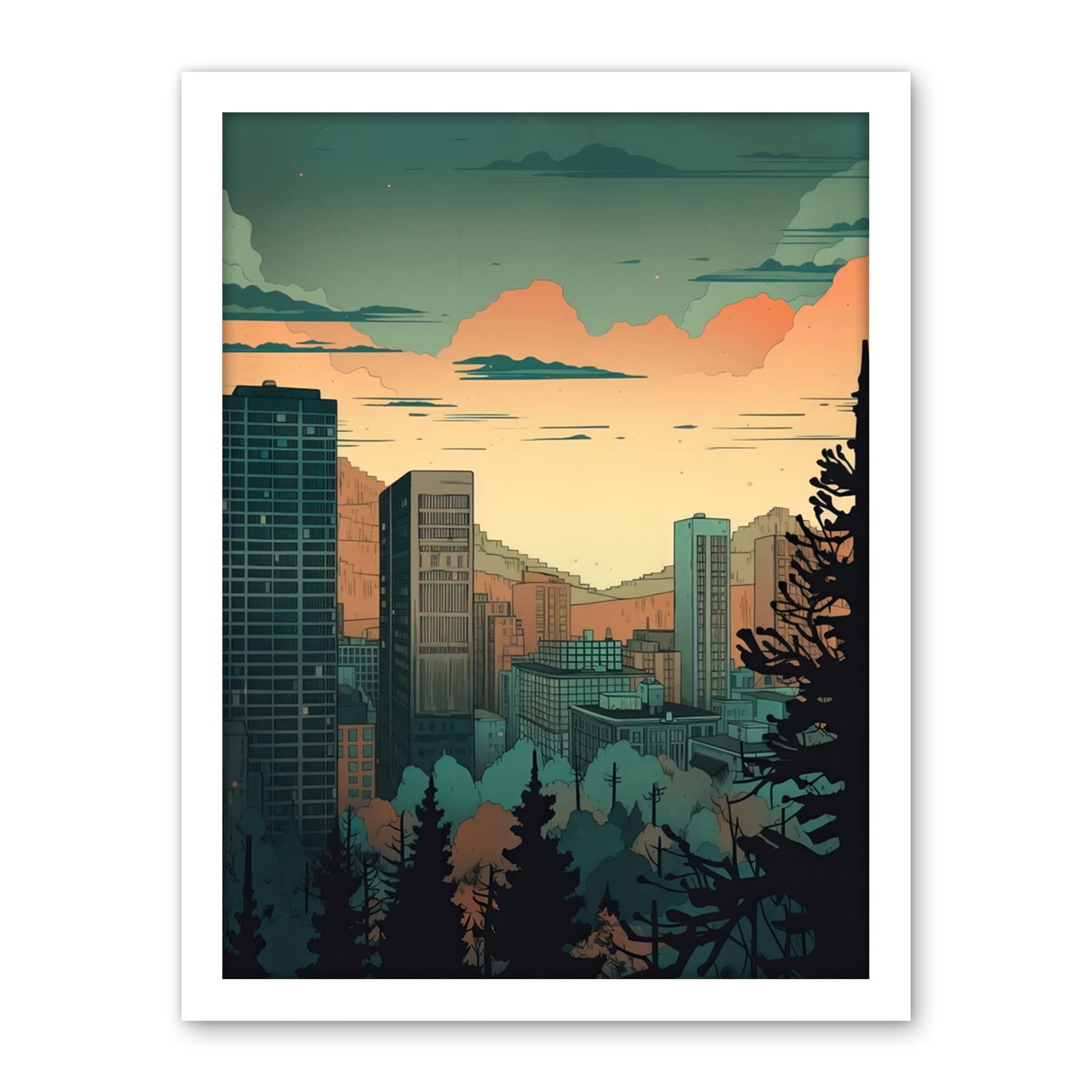 Artery8 Skyscrapers by Forest Urban Architecture Landscape Artwork Framed Wall Art Print 18X24 Inch