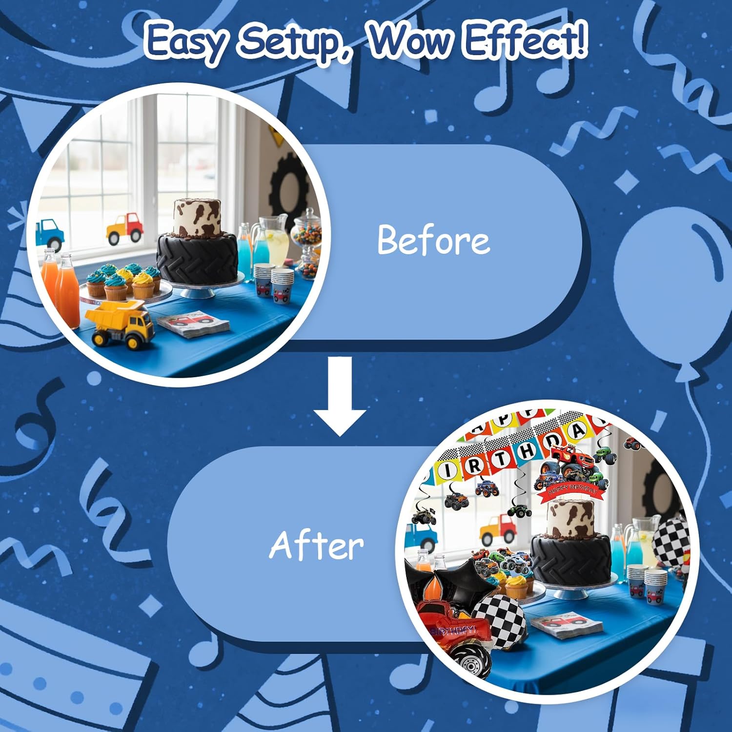 Monster Truck Party Decorations Set - Happy Birthday Banner, Hanging Swirls, Cake & Cupcake Toppers, Truck Wheels Star Balloons - 30 Pcs Complete Themed Birthday Supplies for Boys - Image 5