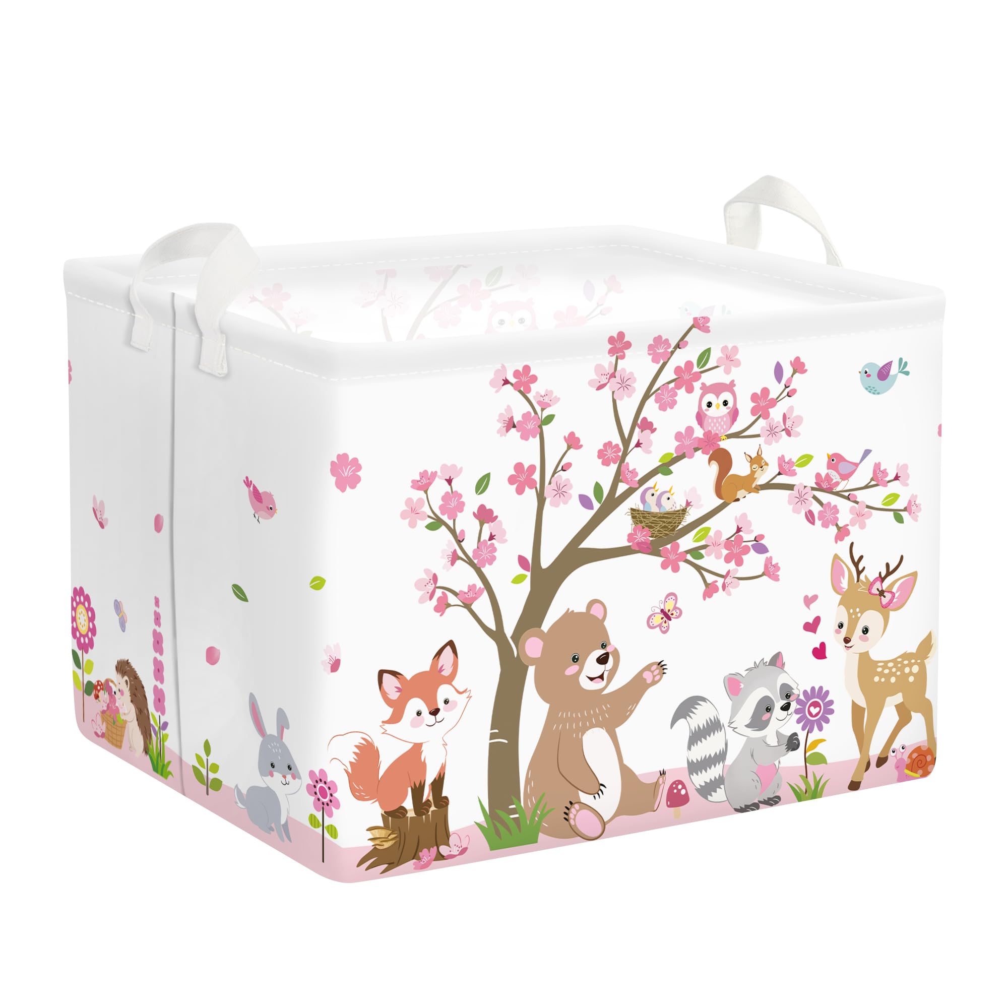 HUUMONSS Cute Foreat Animal Storage Basket for Parents Organizing Kids Toys Clothes Large Woodland Tree Laundry Hamper for Bathroom Shower, Pink, 36L