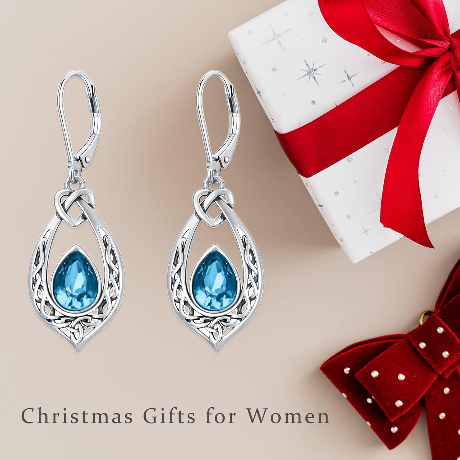 Celtic Knot Dangle Earrings 925 Sterling Silver Oxidized Vintage Drop Leverback Earrings with 8 * 6mm Simulated Birthstone Crystal Christmas Jewelry Gifts for Women (Gift Box) - Image 3