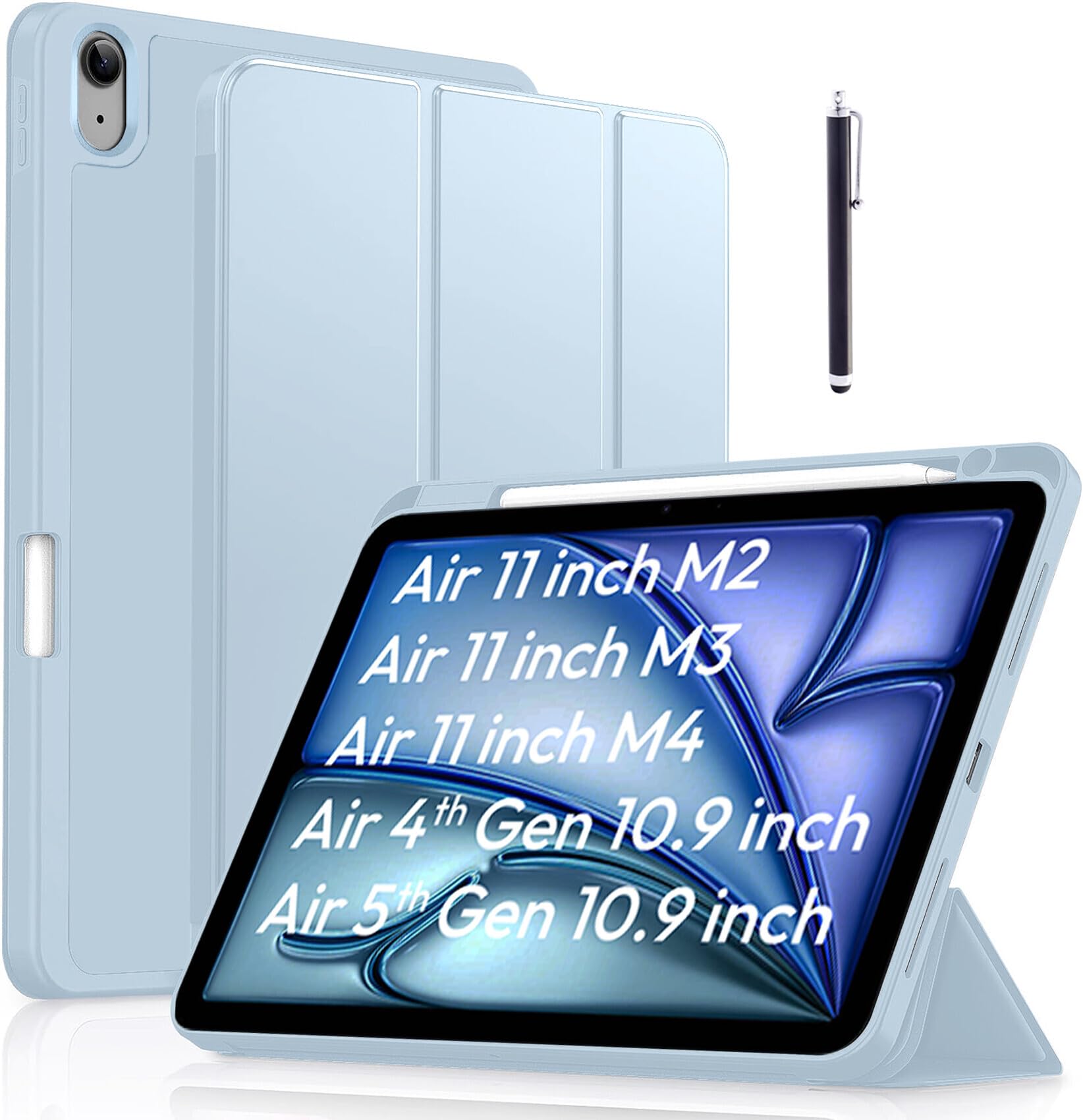 Robustrion Case Cover for iPad Air 11 inch M3 / M2 (2024/2025)/iPad Air 5th Generation Cover/4th Gen 10.9" with [Pencil Holder Right Side][Flexible Back][Auto Sleep Wake] and Stylus Pen - Light Blue-image-46