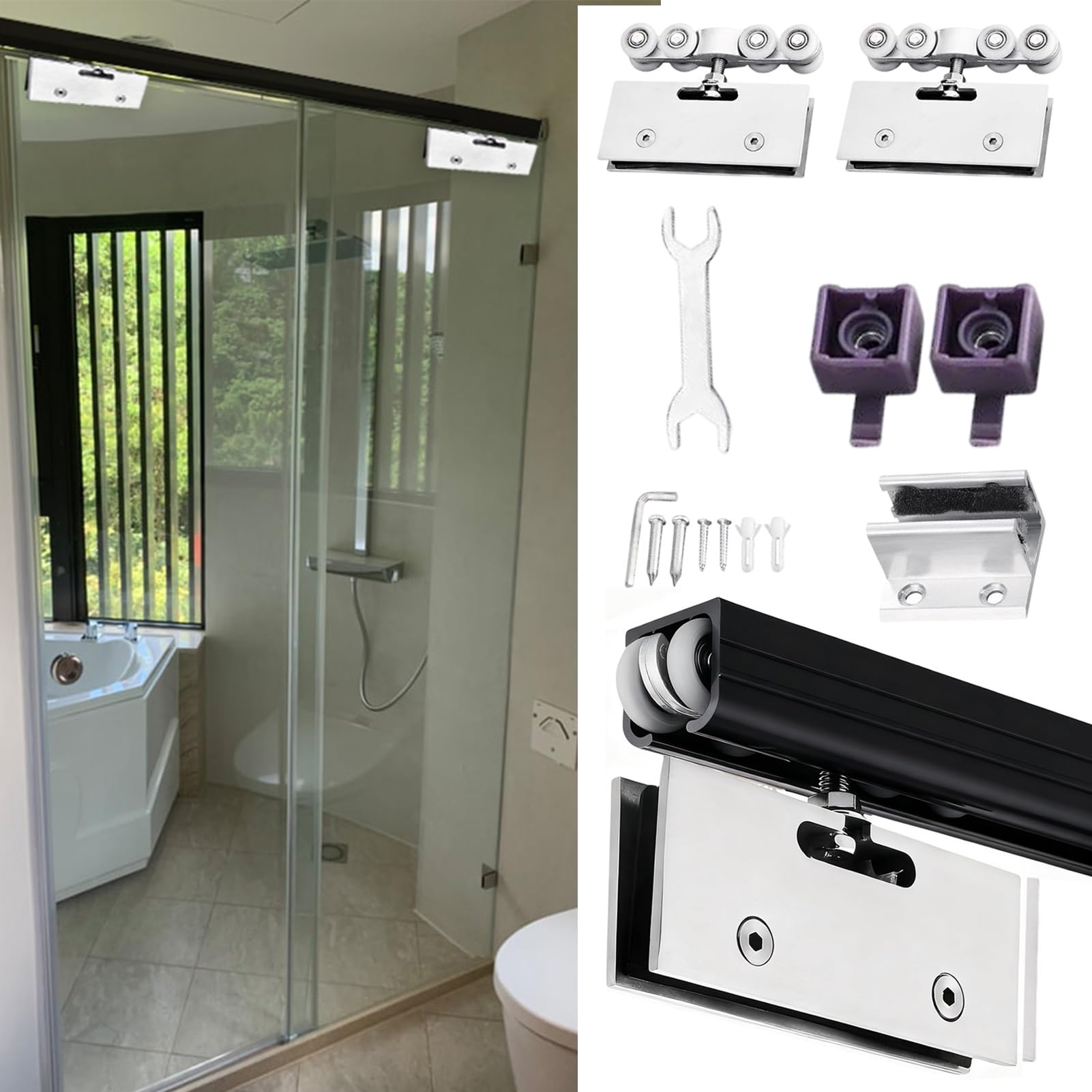 YDHSIKK Glass Sliding Door Track, Glass Sliding Door Track Ceiling Mount Hardware Kit With Rollers Multicolor 50-400 cm(Black,50cm/19.7in)