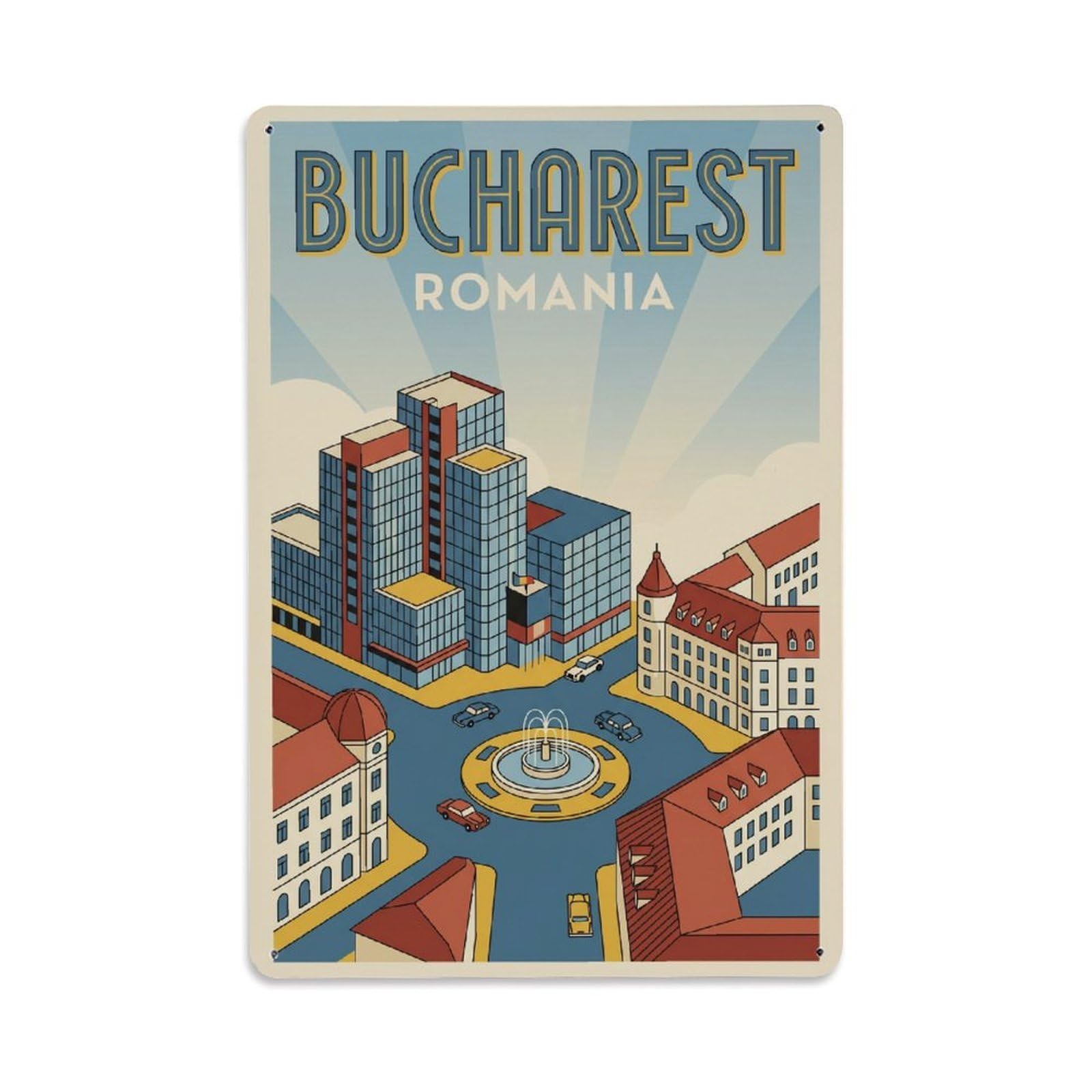 Vintage Travel Bucharest Piata Natiunilor Unite Clean Romania Metal Tin Sign Plaque Wall Decor for Cafe, Club Bar, Office, Home Garden Metal Poster 8x12Inch