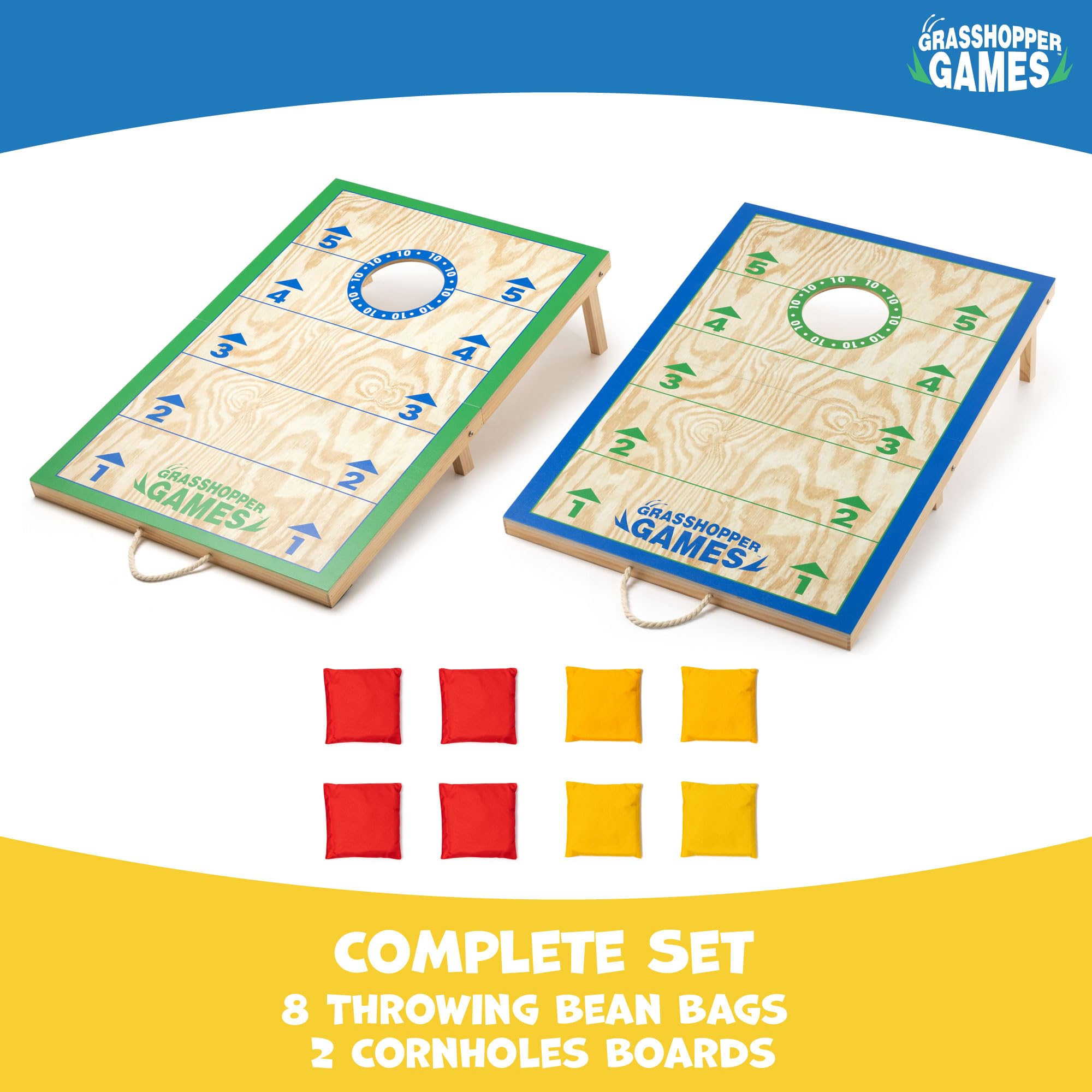 Grasshopper Games Cornhole Set, FSC Holz Faltbretter mit Tragegriffen, Sitzsack Wurfspiel mit 8 Beuteln, Familie Outdoor Garten Spiel für alle Altersgruppen