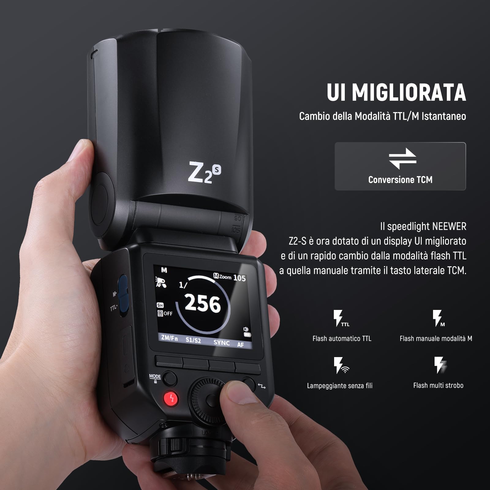 NEEWER Z2-S Flash Speedlite TTL a Testa Rotonda 2,4G 76W per Sony, UI Migliorata, 2 Luci Pilota Regolabili,Tasto TCM per Cambio Rapido TTL/M,HSS 1/8000s,Batteria 7,4V/2600mAh,480 Flash a Piena Potenza