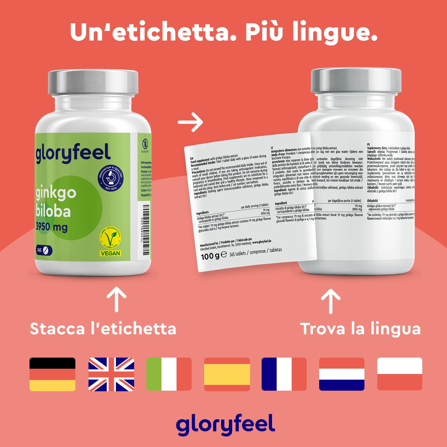 Ginkgo Biloba, Estratto 50:1 con 24% Flavonoglicosidi + 6% Terpenlattoni, 365 Compresse per 1 anno, 100% Vegan e Qualità Testata, 3950 mg, Integratore per Circolazione, Concentrazione e Memoria