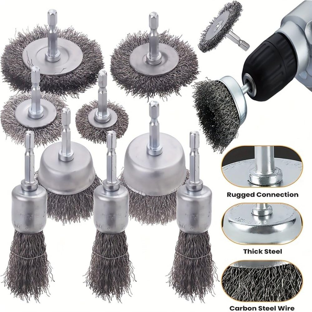 Set di spazzole metalliche, punte da trapano con spazzola metallica, impugnatura esagonale da 1/4 di pollice, utilizzate per la pulizia della ruggine, la pelatura e la rettifica, 10 pezzi