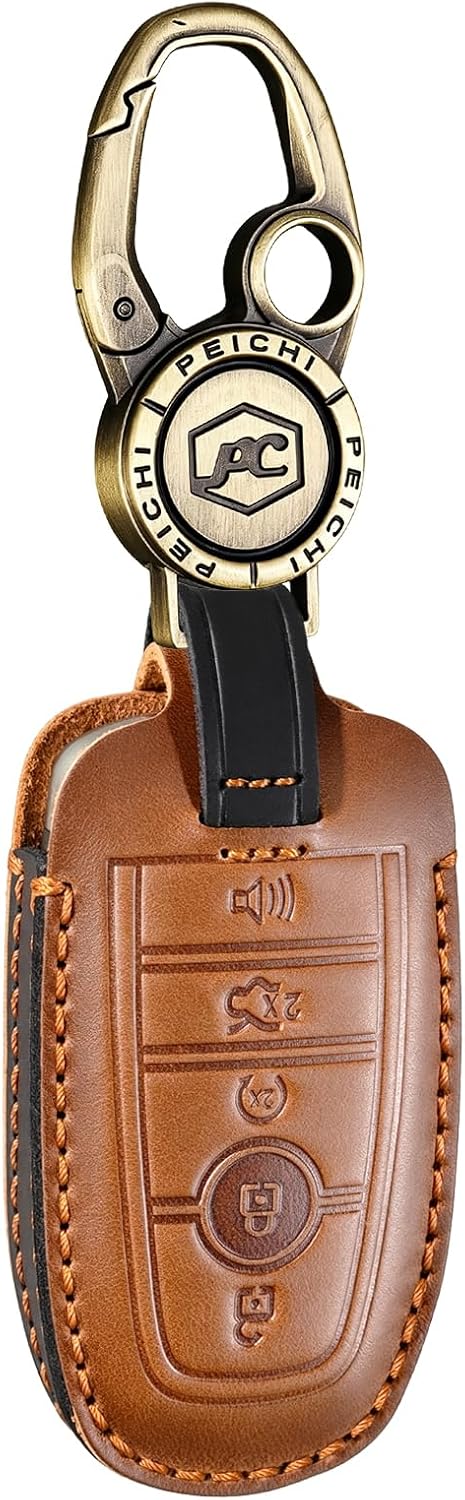 Leather Key Fob Cover Compatible with 2017-2024 Bronco Escape Mustang Explorer F150 F250 F350 Key Holder Protector(K-Light)