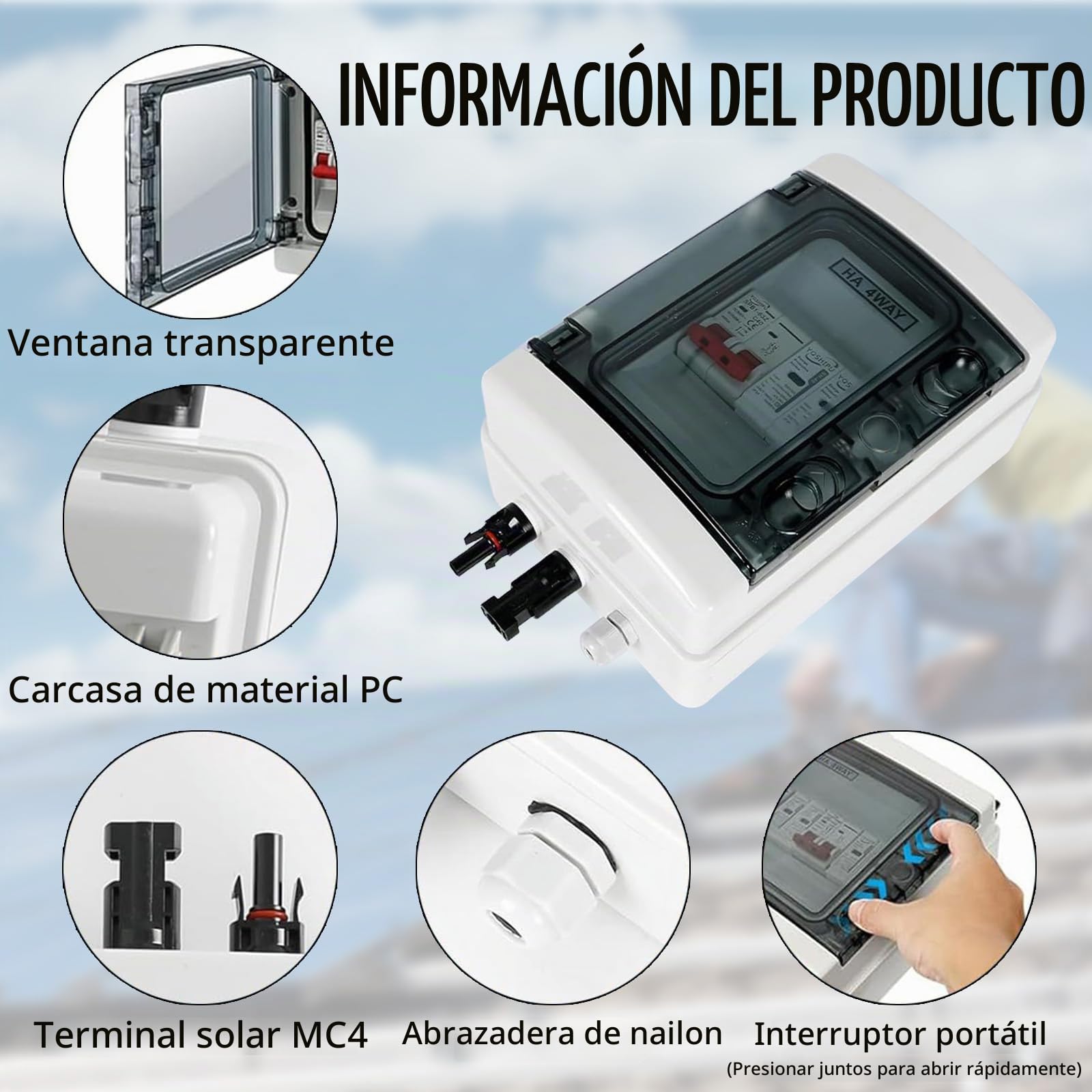 Protección contra Sobretensiones Fotovoltaica, 1 Entradas Y 1 Salidas Disyuntor DC Disyuntor Protección contra Rayos 1 Cuerdas 1000V DC 40A 20-40KA Caja Conexión Generador Caja Conexión Solar IP65
