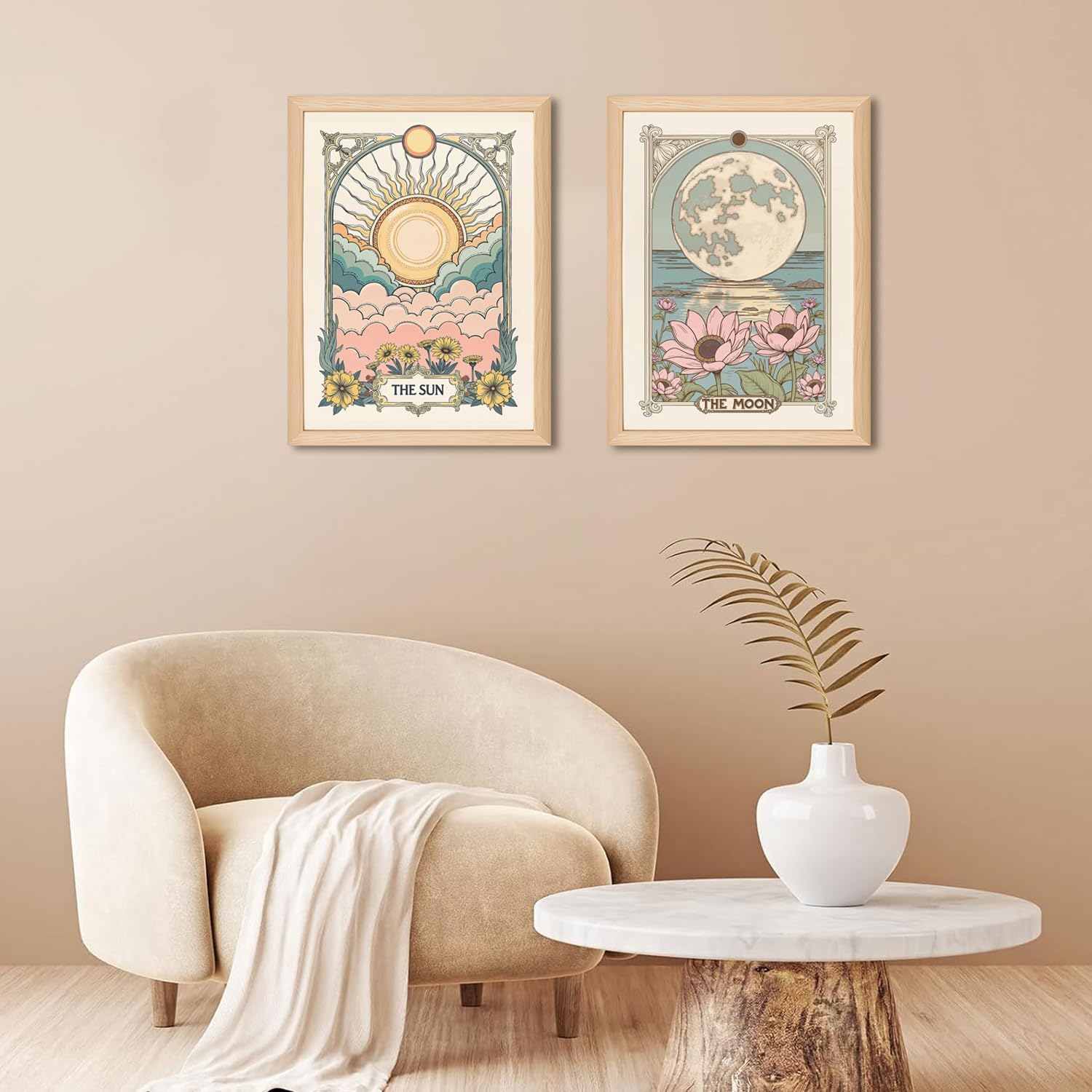 Sun and Moon Celestial Wall Art Set of 2, Vintage Tarot Wall Decor Painting, Eclectic Astrology Poster Canvas Prints Picture for Bedroom Living Room 12x16 inch Wood Framed