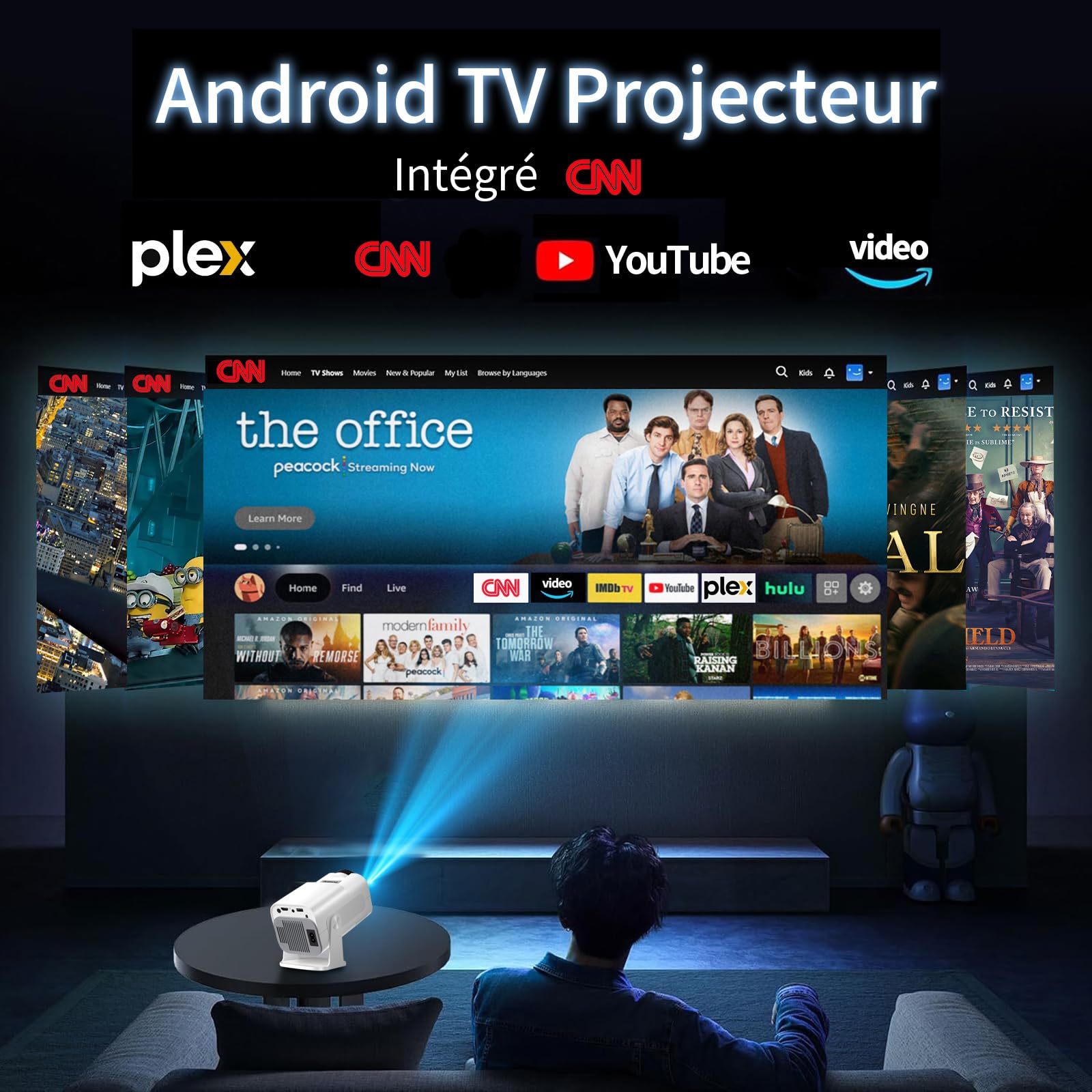 Vidéoprojecteur 4K 1080P Mini Projecteur avec WiFi 6 et Bluetooth 5.2 Projecteur Trapézoïdale Automatique, 270° RotationSupporte HDMI/TVStick/Memory Stick/Laptop, Blanc