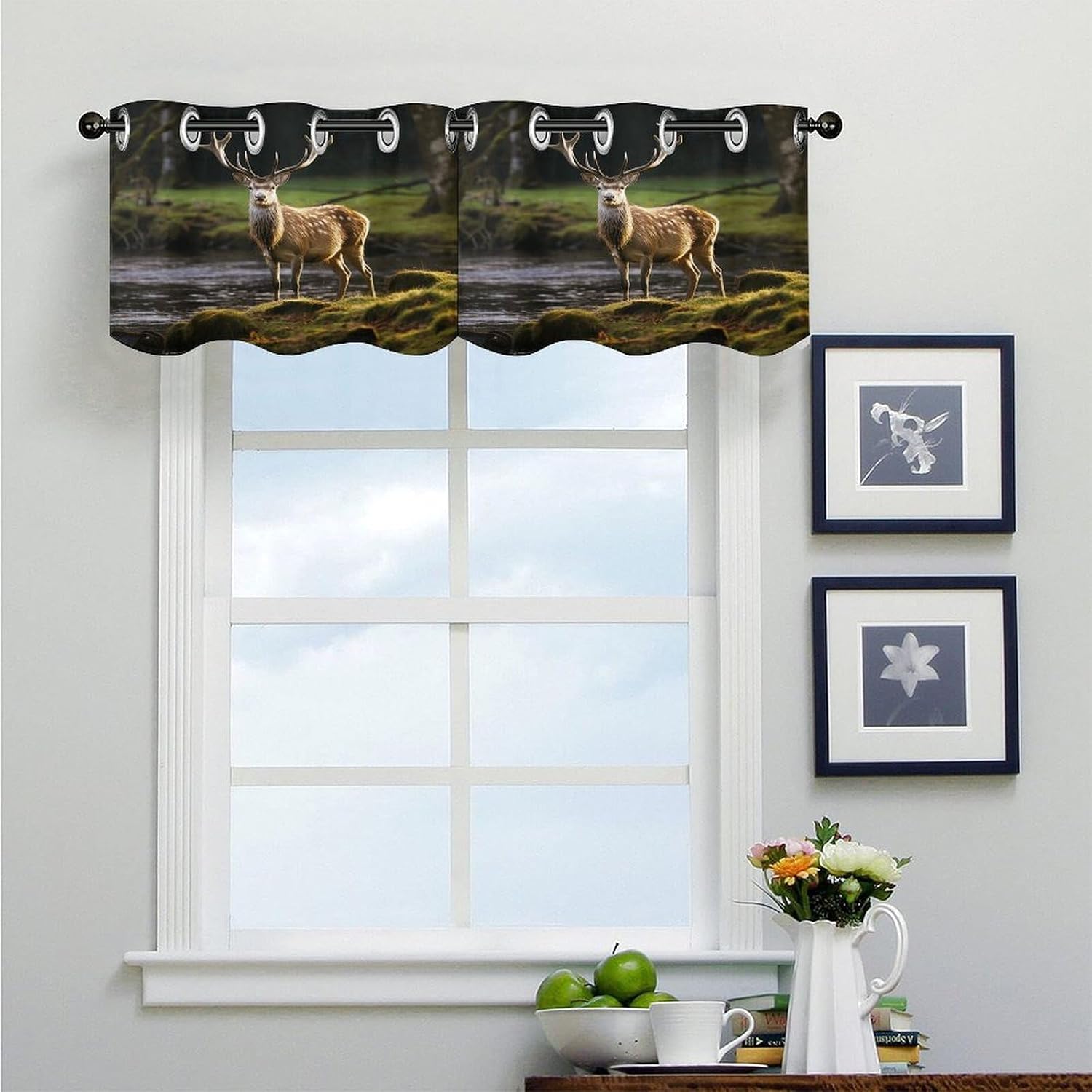 Deer Nature Curtain 2 Panels, Polyester Fiber, Blackout Insulated Window Curtain, Curtain Valance for Kitchen Dining Room Living Room Cafe Small Window 52 * 18.1 Inches